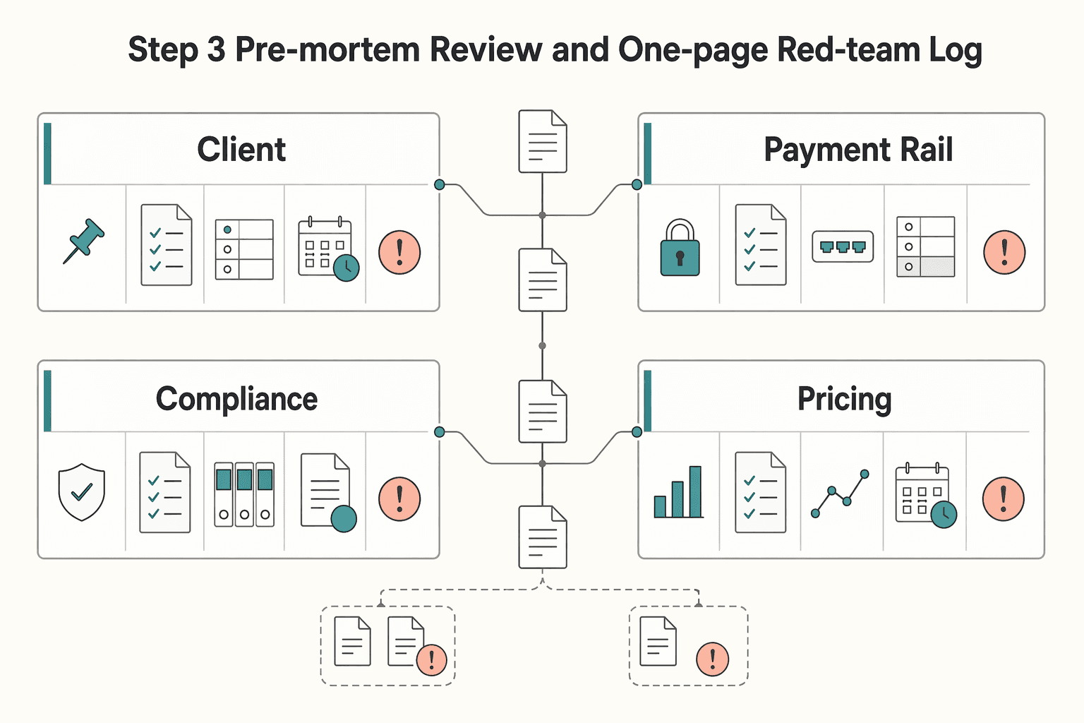 Diagram showing Step 3. Pre-mortem review and one-page red-team log for How Confirmation Bias Hurts Your Freelance Business.