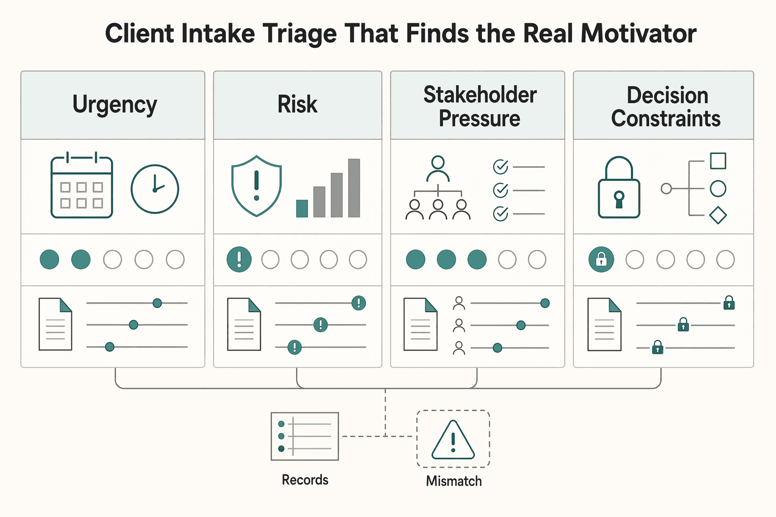 Diagram showing Client intake triage that finds the real motivator for Using Maslow’s Hierarchy to Unblock Client Decisions.