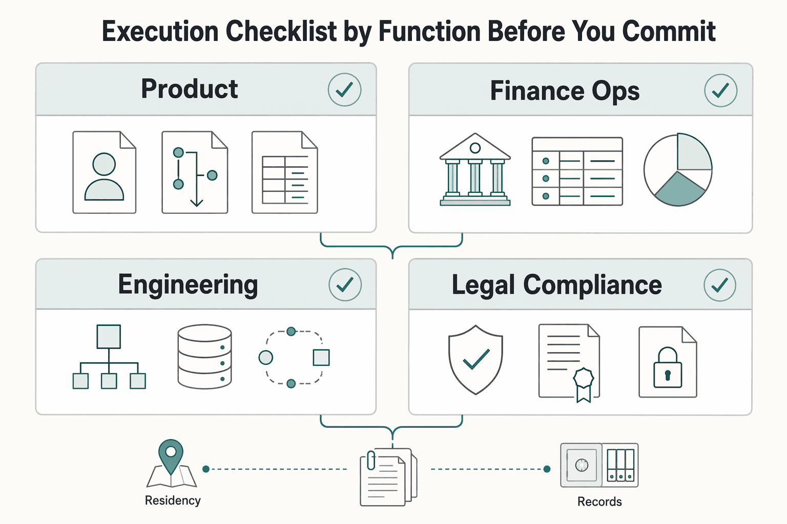 Diagram showing Execution checklist by function before you commit for MoR vs. PayFac vs. Marketplace Model for Platform Teams.