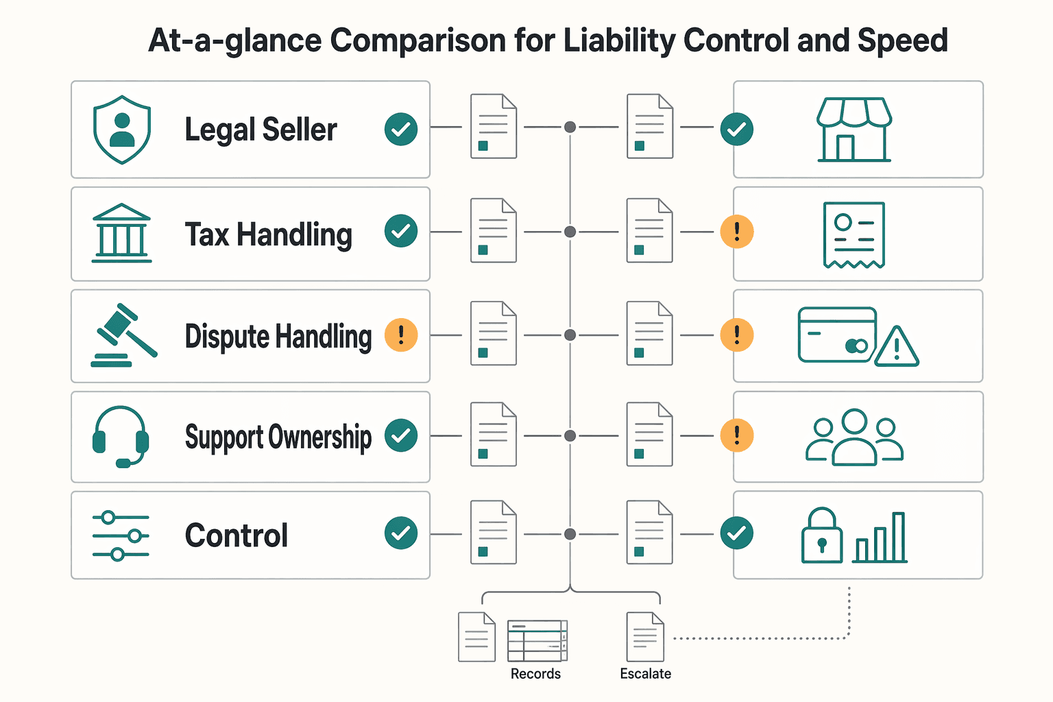 Diagram showing At-a-glance comparison for liability, control, and speed for Stripe Connect vs Merchant of Record for Marketplace Liability Decisions.