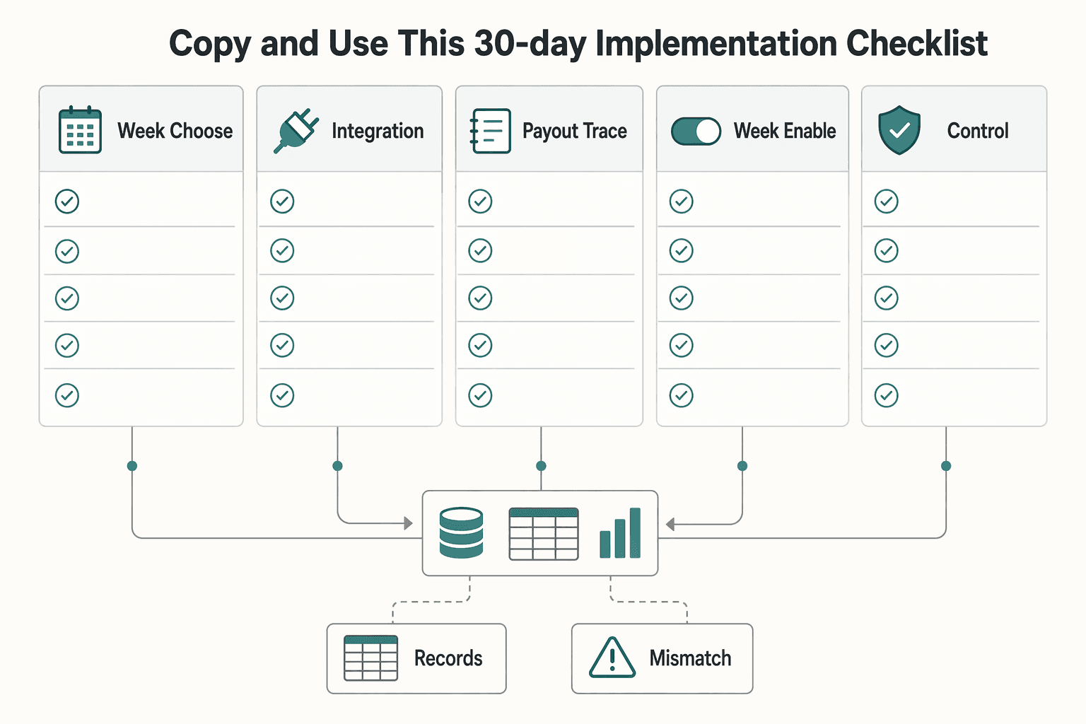 Diagram showing Copy and use this 30-day implementation checklist for How to Embed Payments Into Your Gig Platform Without Rebuilding Your Stack.