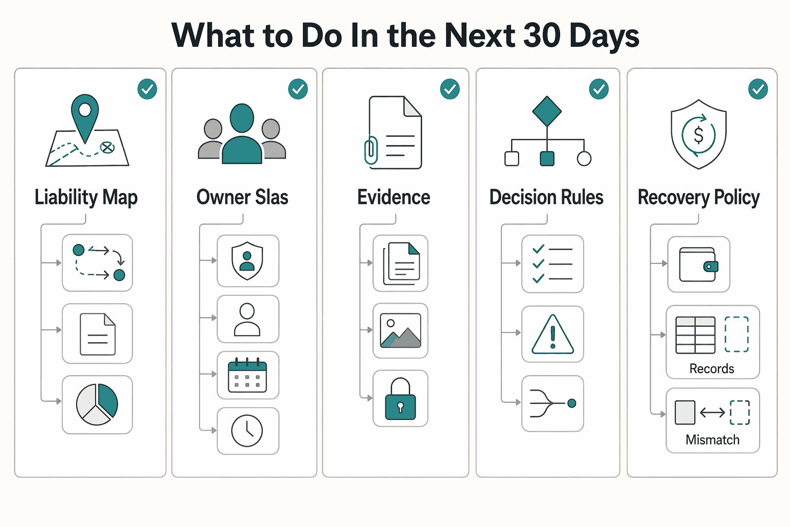 Diagram showing What to do in the next 30 days for Chargeback Management for Marketplaces and MoR Dispute Recovery.