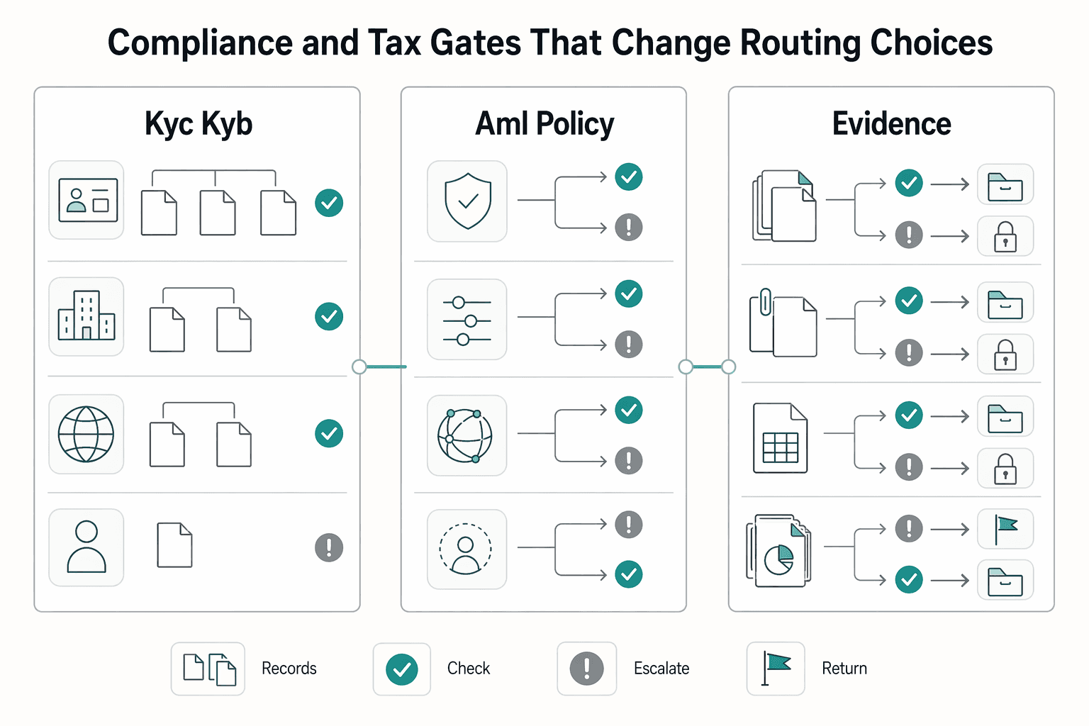 Diagram showing Compliance and tax gates that change routing choices for PIX vs. SEPA vs. ACH vs. SWIFT for Platform Payout Decisions by Market.