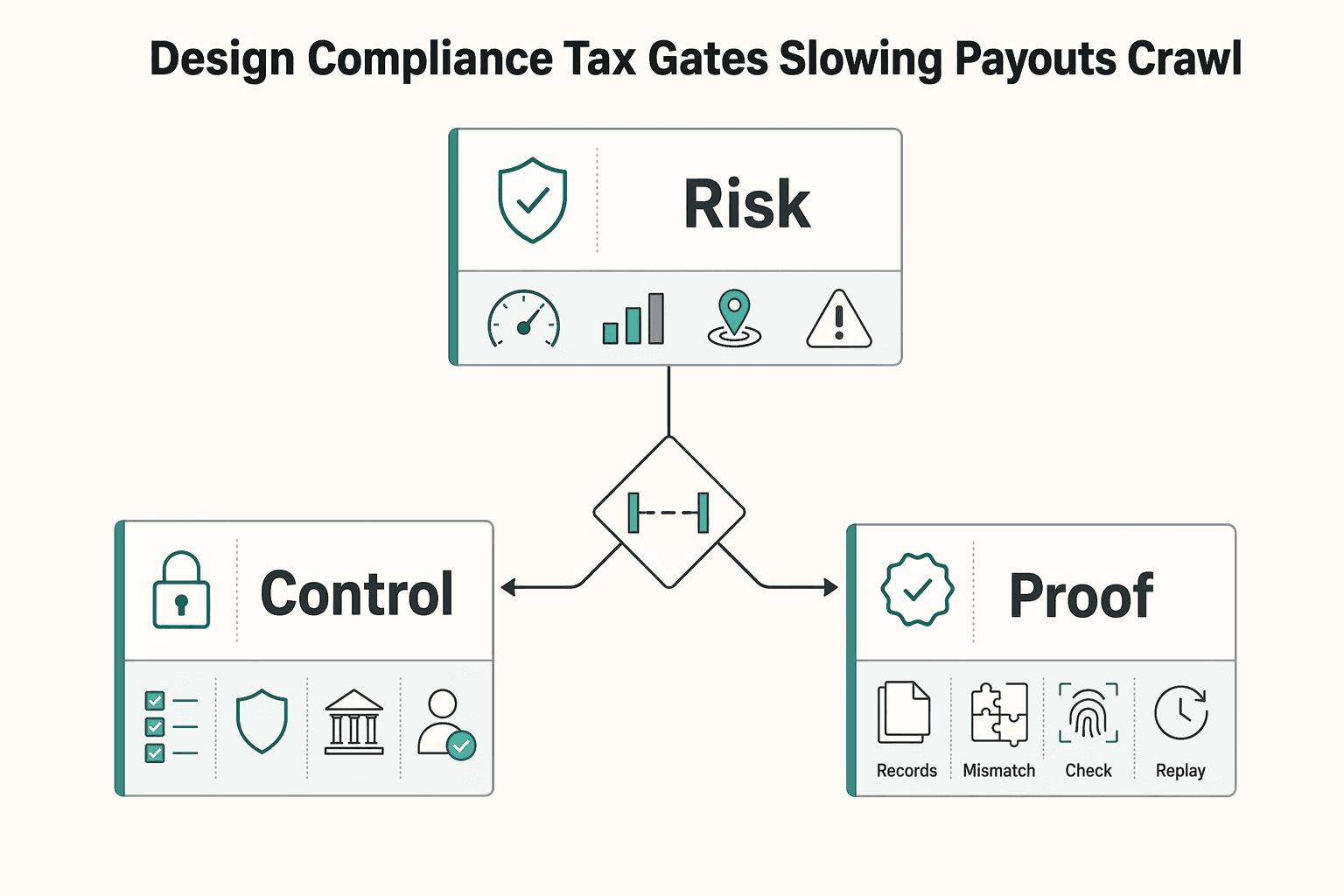 Diagram showing Design Compliance and Tax Gates Without Slowing Payouts to a Crawl for Cash Pickup Payouts for Unbanked Contractors in Cash-Preferred Markets.