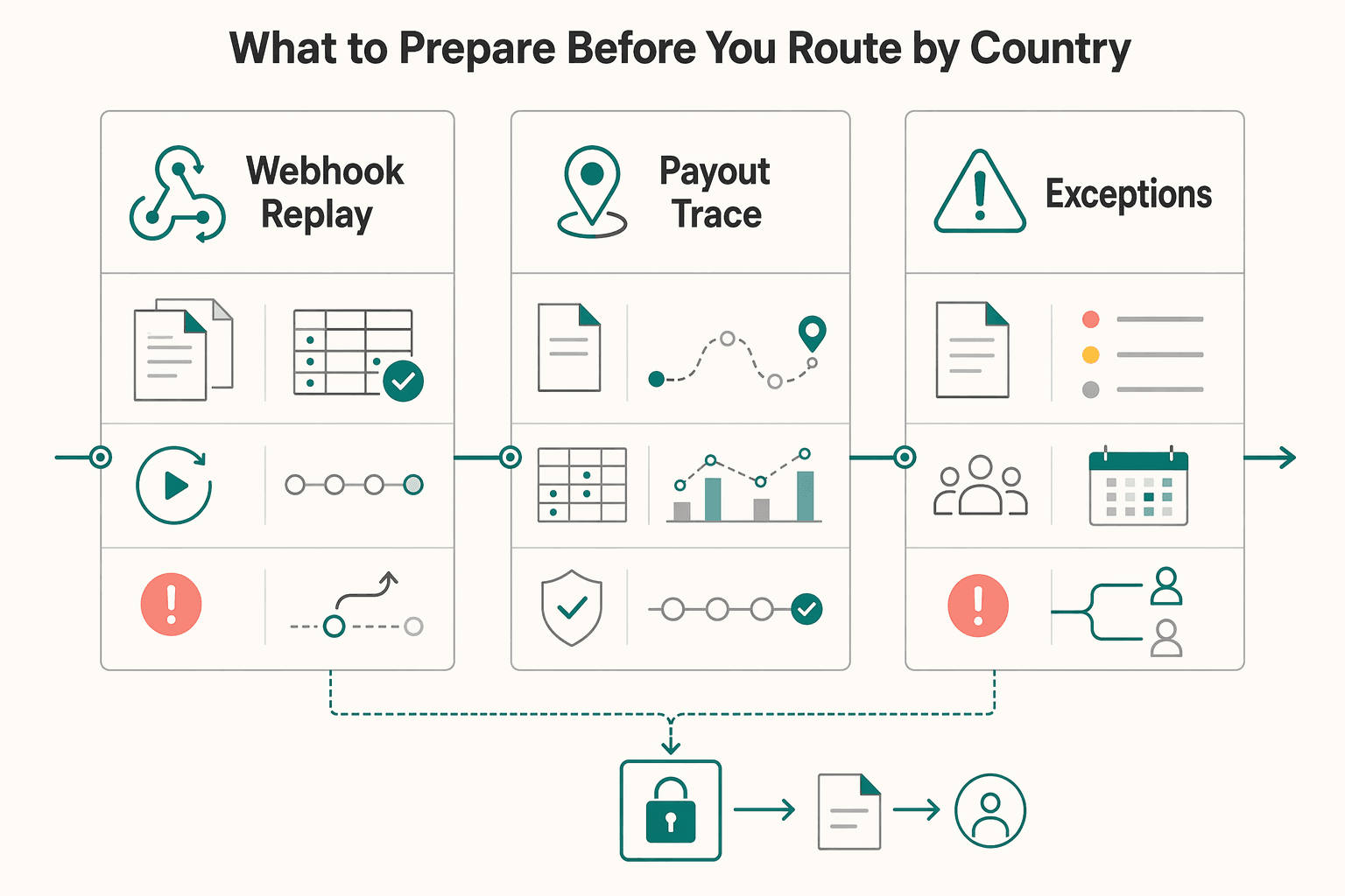 Diagram showing What to prepare before you route by country for Reduce Payout Fees by Matching Disbursement Rail to Destination Country.