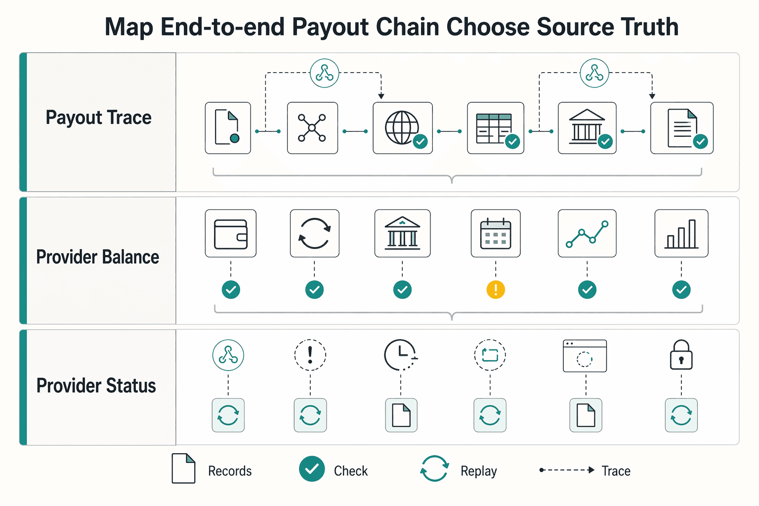 Diagram showing Map your end-to-end payout chain and choose the source of truth for Catching Payout Errors Early in High-Volume Platform Operations.