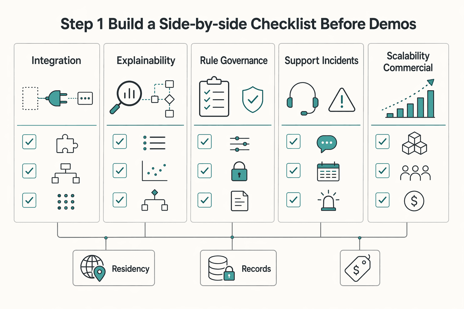 Diagram showing Step 1. Build a side-by-side checklist before demos for Transaction Monitoring for Platforms: How to Detect Fraud Without Blocking Legitimate Payments.