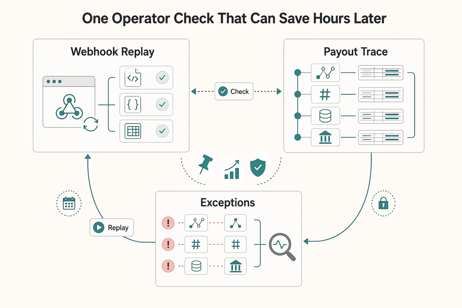 Diagram showing The one operator check that can save hours later for 3-Way Reconciliation Explained: PSP Ledger vs. Internal Ledger vs. Bank Statement.