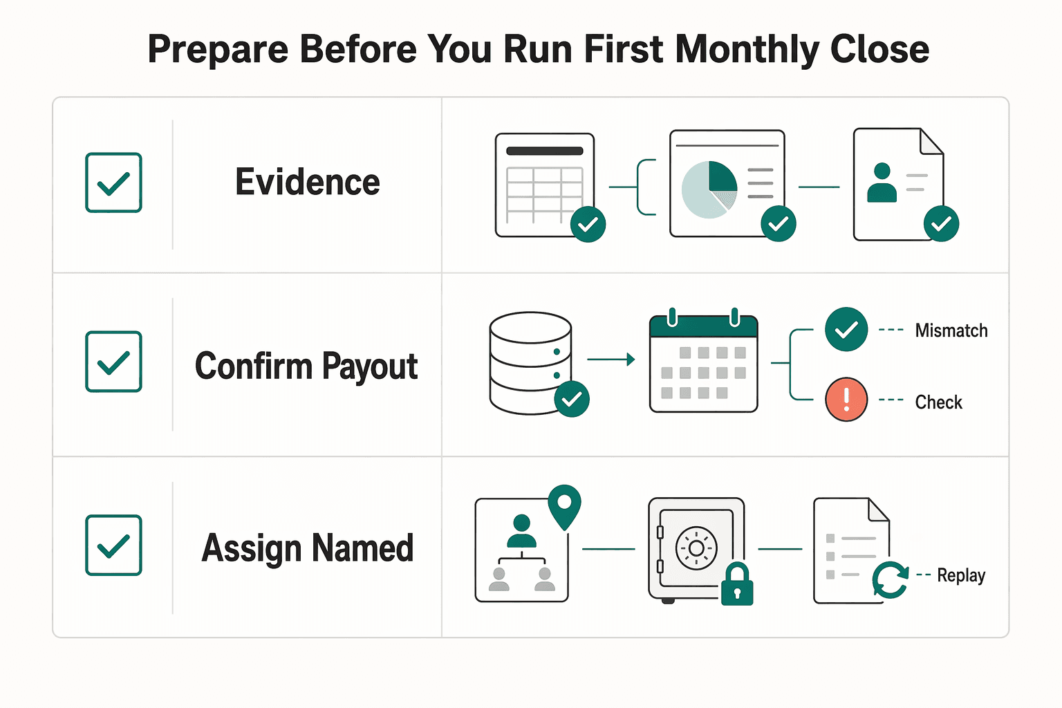 Diagram showing What to prepare before you run the first monthly close for Building a Monthly Payout Reconciliation Process for a 1000-Contractor Platform.