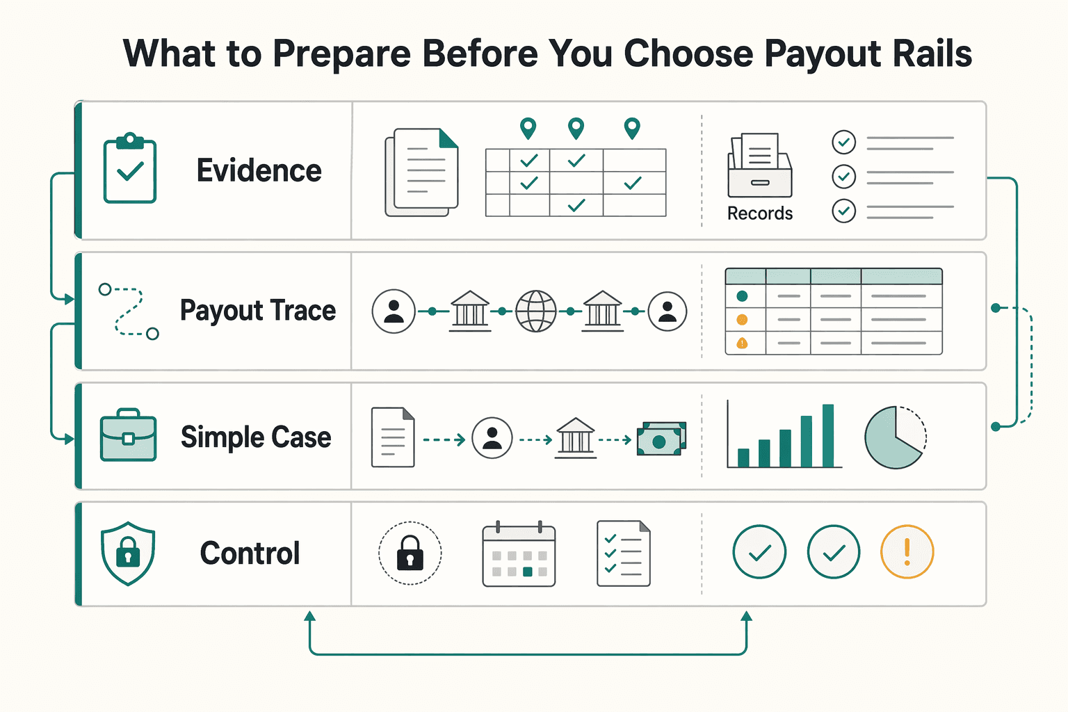 Diagram showing What to prepare before you choose payout rails for How Platform Operators Pay Creators Globally Across YouTube, Twitch, and Substack.