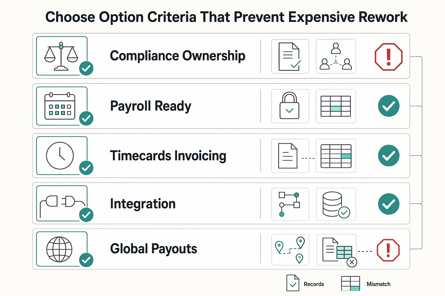 Diagram showing Choose your option with criteria that prevent expensive rework for Healthcare Staffing Platform Payments Compliance for Safer Rollouts.