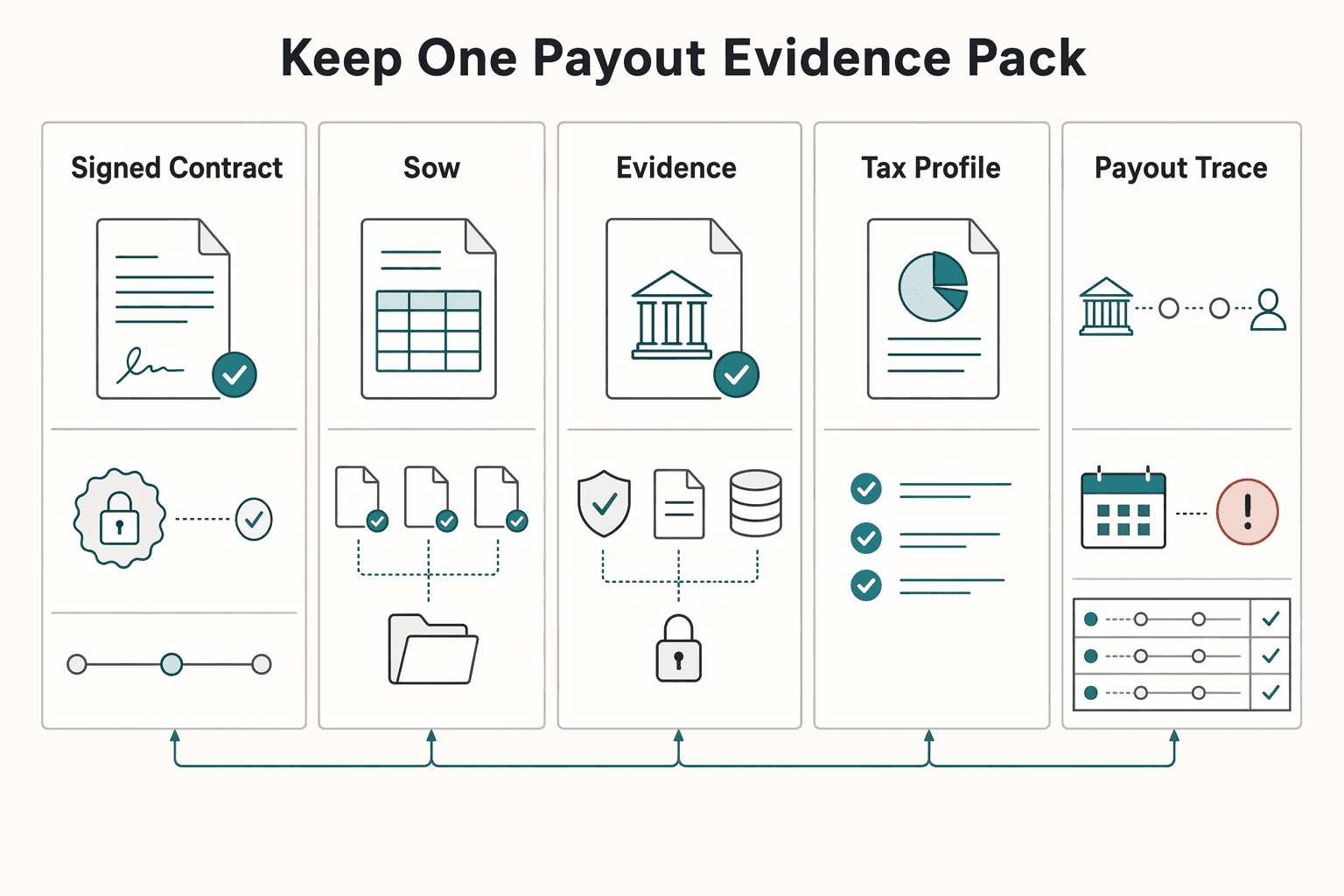 Diagram showing Keep one payout evidence pack for How to Launch a Legal Compliance Platform for Freelancers and Handle Their Payments.