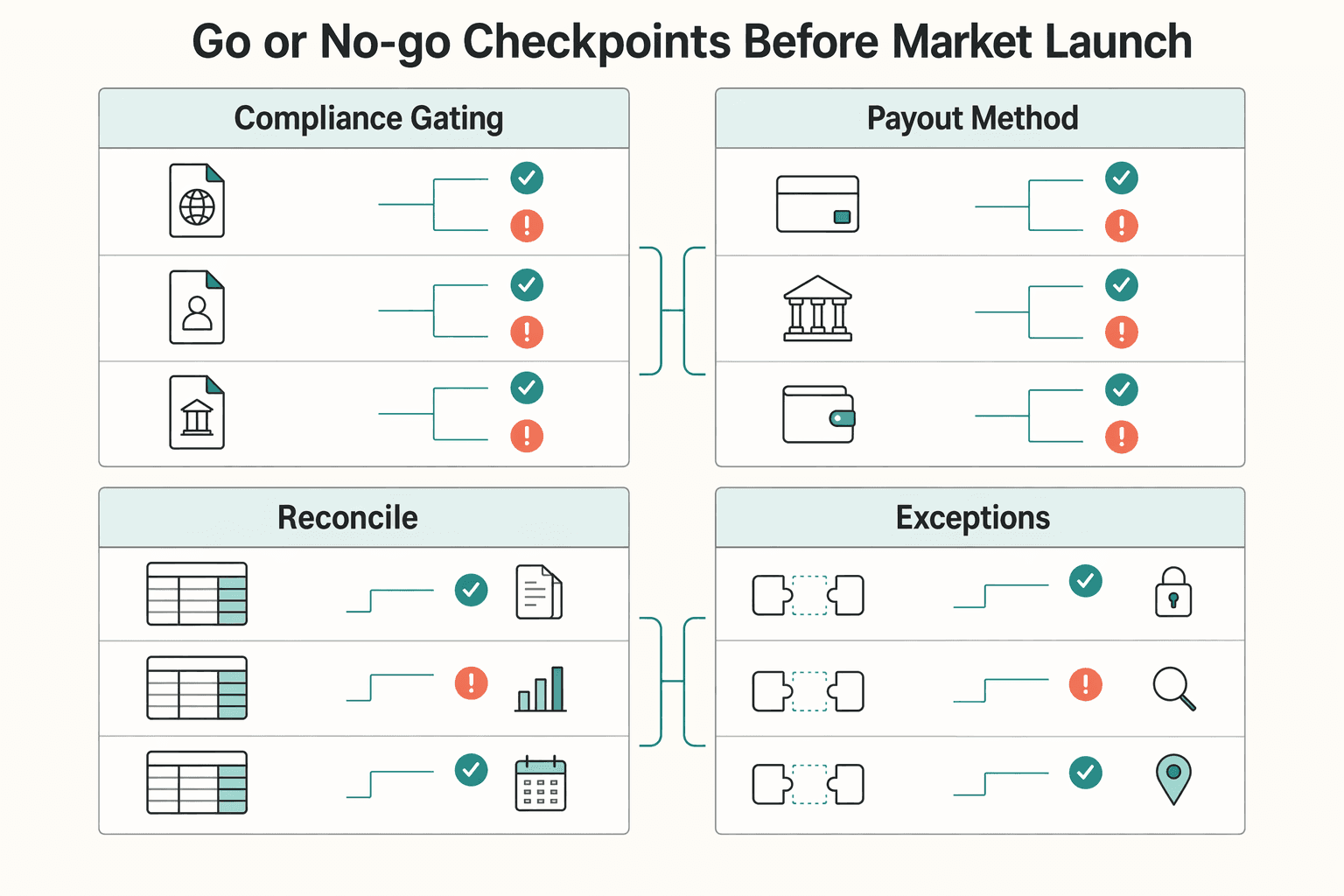 Diagram showing Go or no-go checkpoints before market launch for Choosing an Accounting Platform Payments Expert Network for Market Launch.