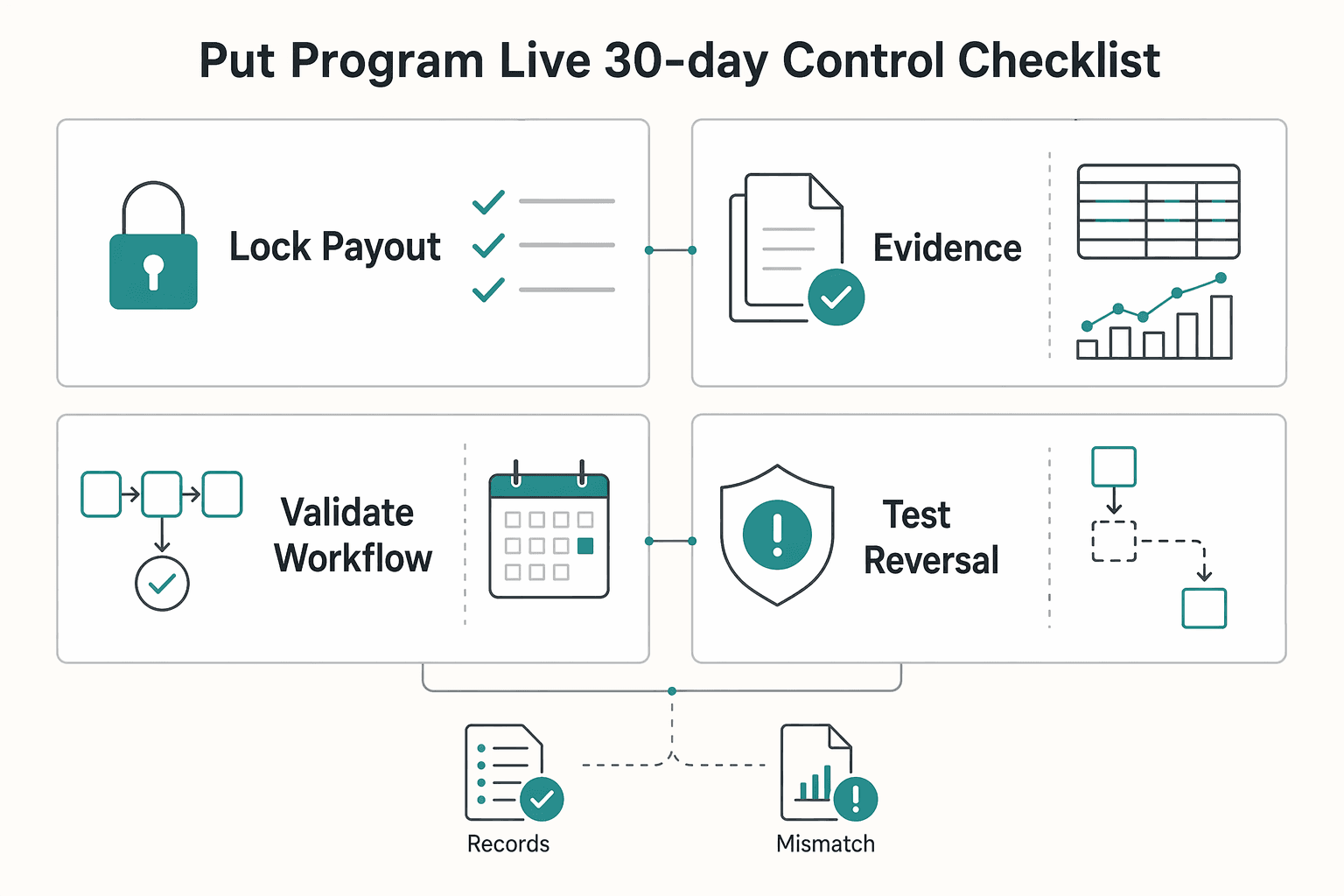 Diagram showing Put your program live with a 30-day control checklist for How to Build a Gig Platform Referral Commission Model That Protects Margin.