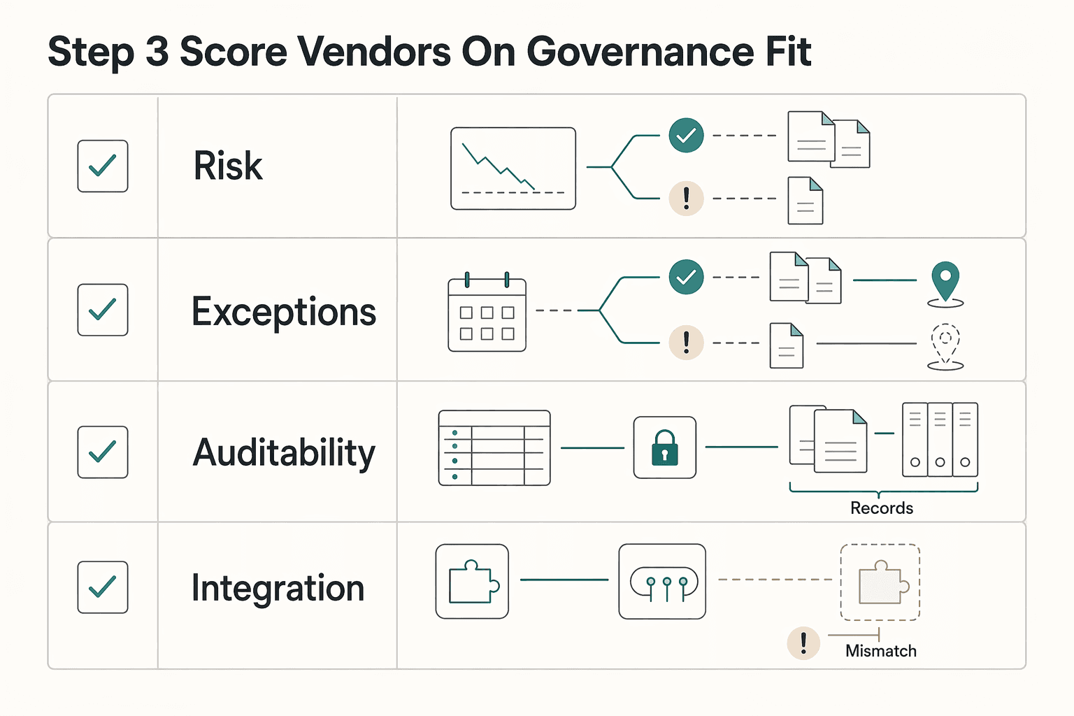 Diagram showing Step 3. Score vendors on governance fit, not just queue coverage for How to Build a Trust and Safety Program for Your Contractor Marketplace.