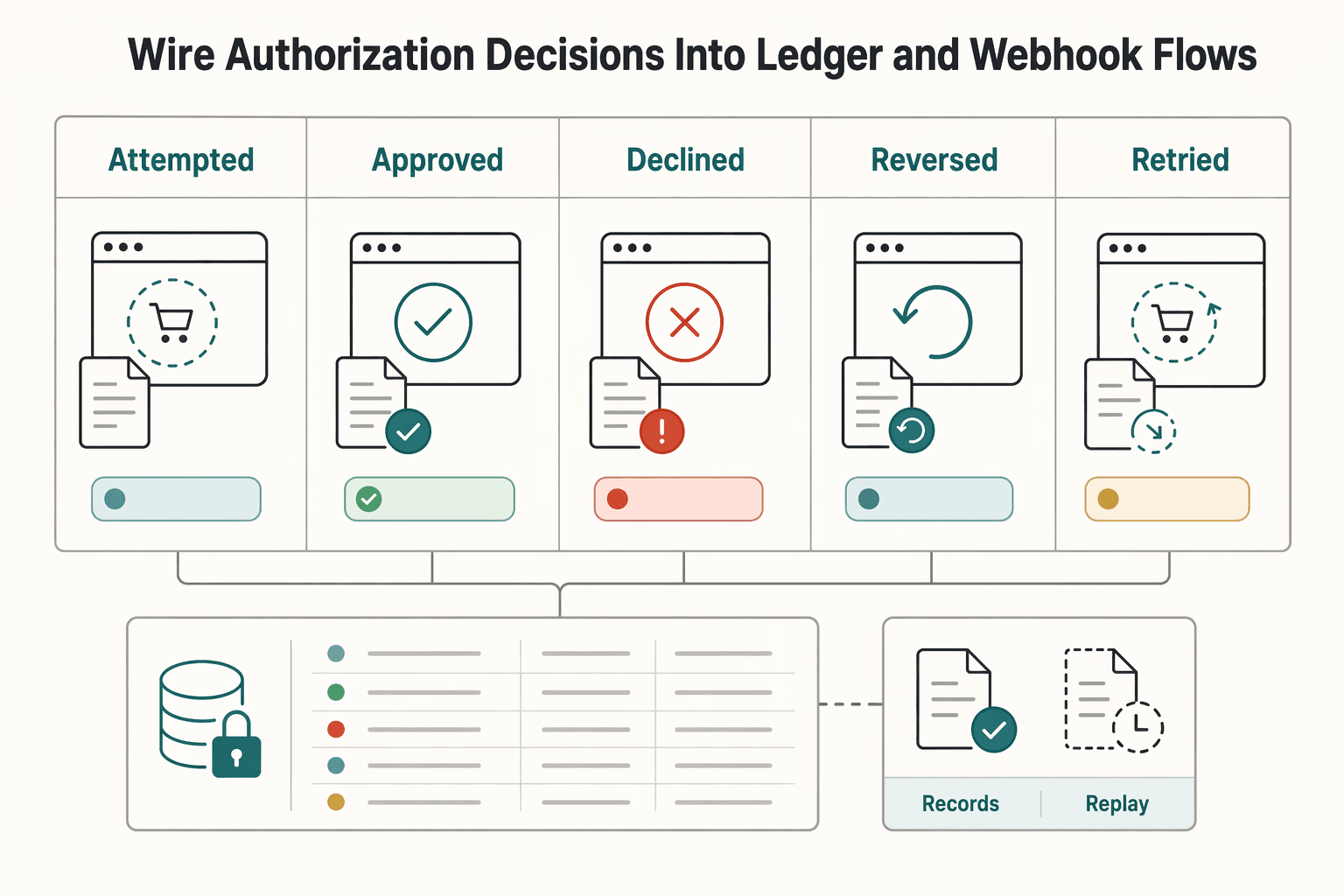Diagram showing Wire authorization decisions into ledger and webhook flows for Spend Controls for Contractor Cards with Limits and Merchant Restrictions.
