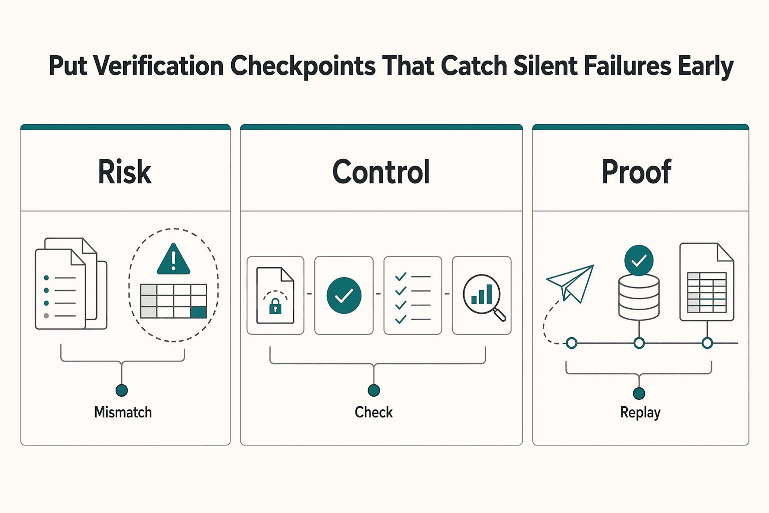 Diagram showing Put in verification checkpoints that catch silent failures early for Platform Invoicing at Scale for Compliant Auto-Generated Contractor Invoices.