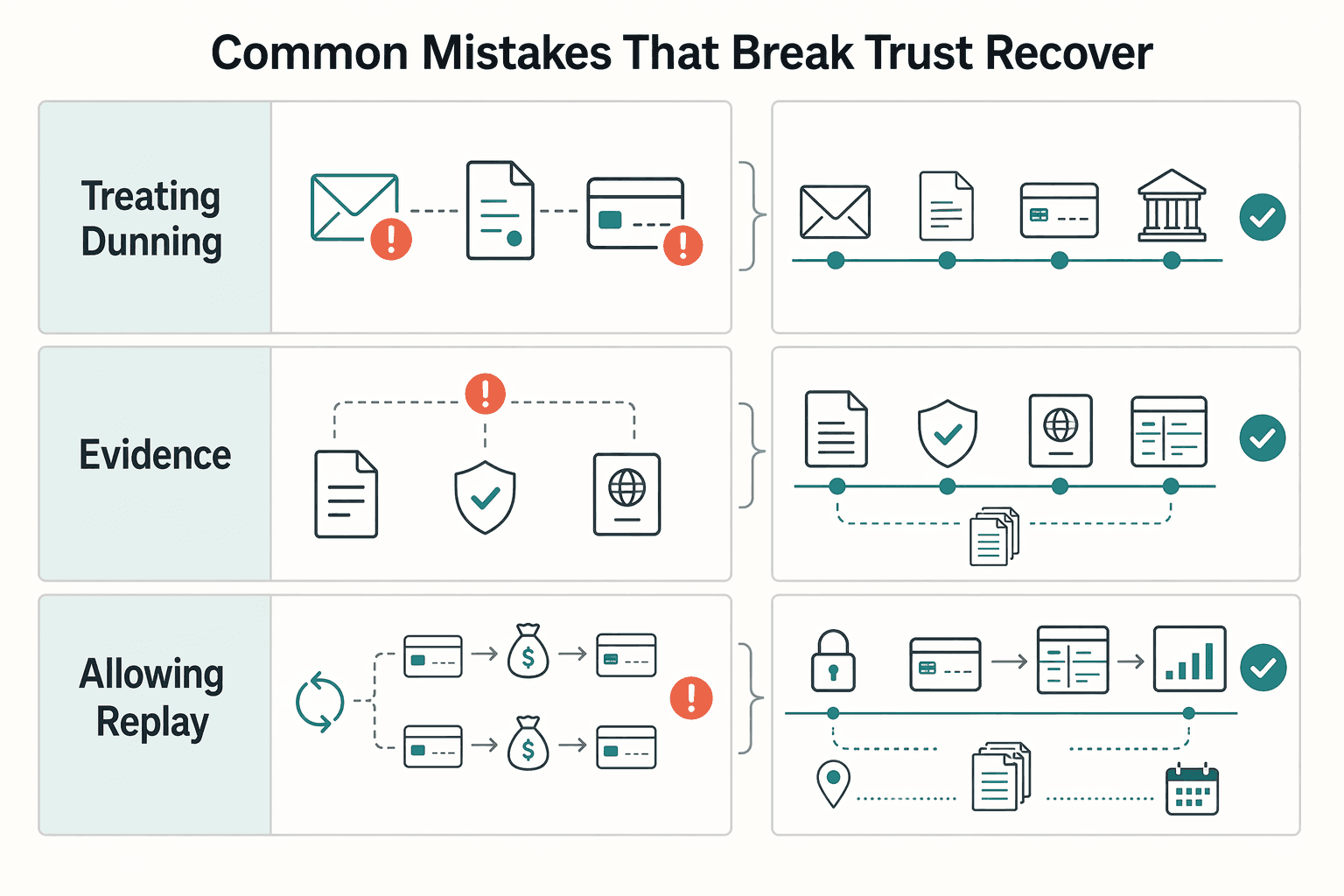 Diagram showing Common mistakes that break trust and how to recover for Subscription Billing Platforms for Plans, Add-Ons, Coupons, and Dunning.