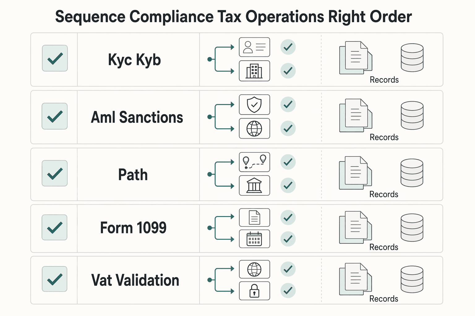 Diagram showing Sequence compliance and tax operations in the right order for Gig Economy 2026: Payment Volume Trends, Payout Rail Readiness, and Platform Consolidation.