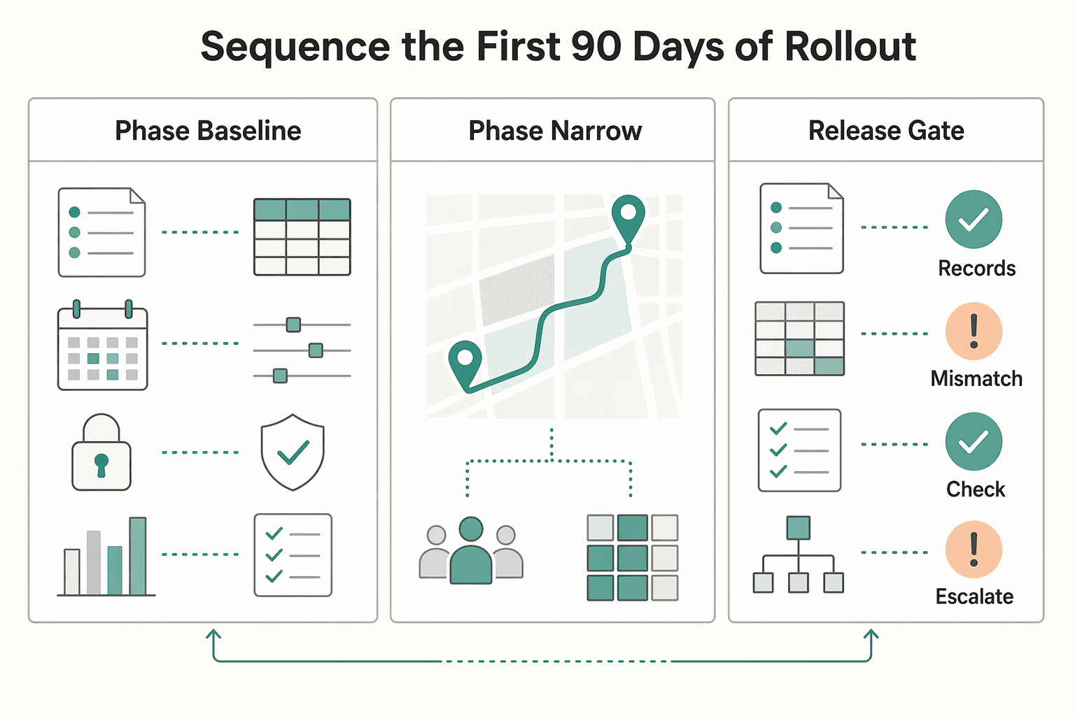 Diagram showing Sequence the first 90 days of rollout for The Future of Contractor Payments: AI Automation and Instant Settlement.