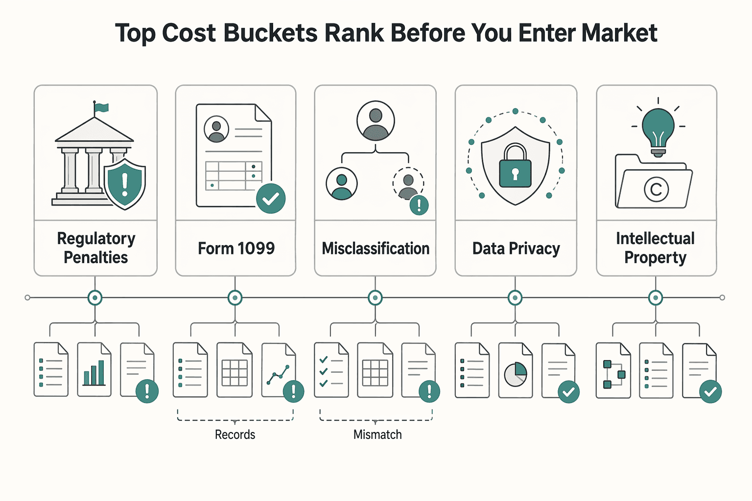 Diagram showing The top cost buckets to rank before you enter a market for What Non-Compliance Costs Gig Platforms Before Market Expansion.