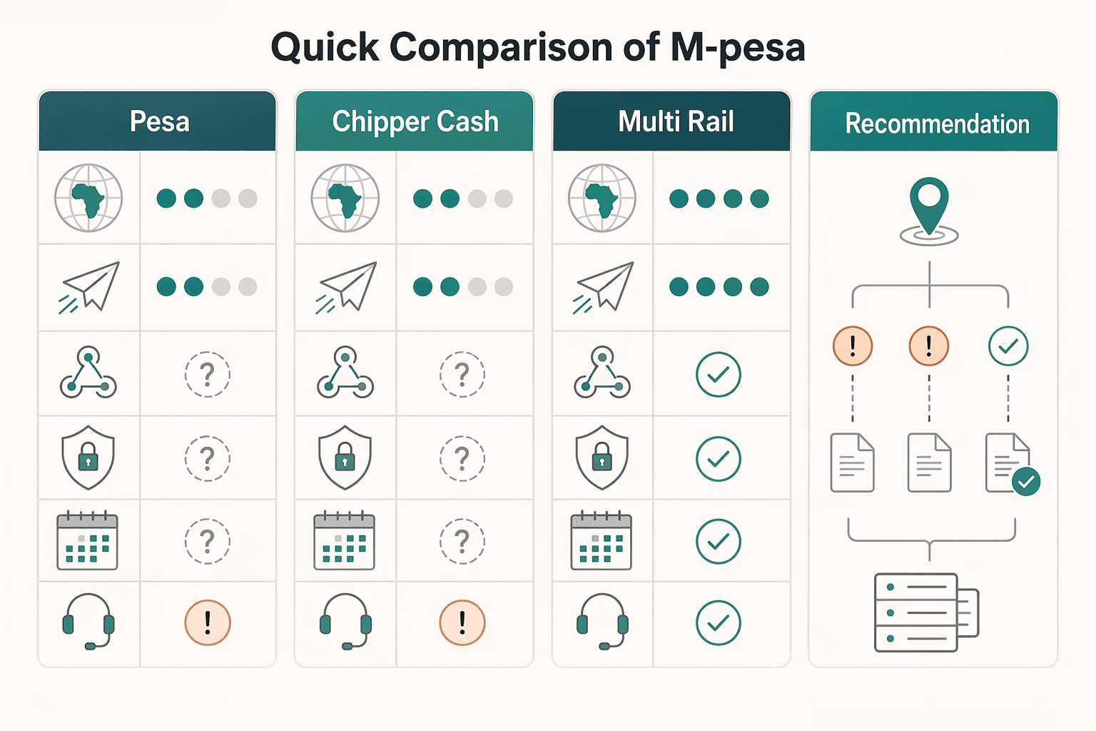 Diagram showing Quick comparison of M-Pesa, Chipper Cash, and multi-rail orchestration for Choosing M-Pesa, Chipper, or Local Rails for African Gig Platform Payouts.