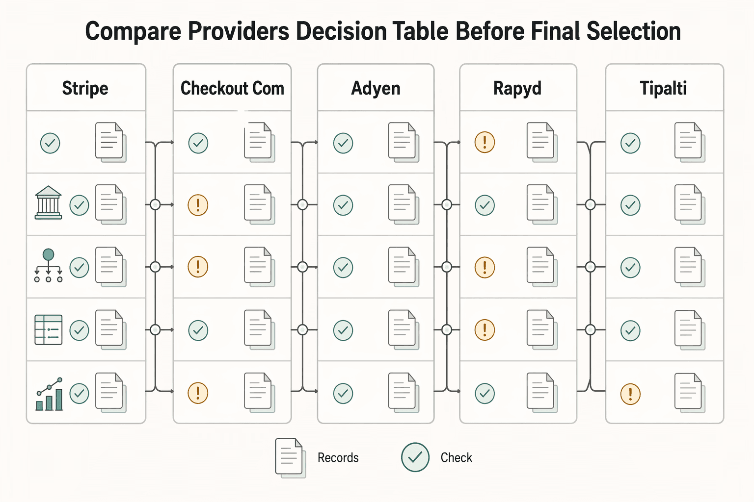 Diagram showing Compare providers with a decision table before final selection for Let Clients Pay in Local Currency with Multi-Currency Payment Links.