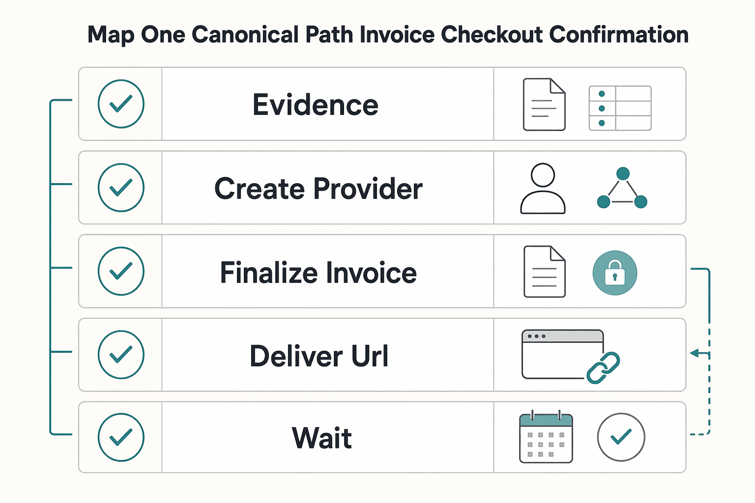 Diagram showing Map one canonical path from invoice to checkout to confirmation for Recurring Payment Links: How to Set Up Auto-Billing for Monthly Retainers.