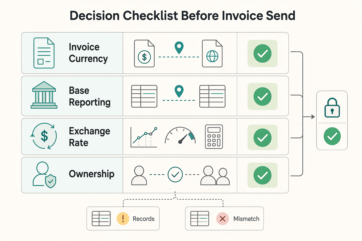 Diagram showing Decision checklist before invoice send for When to Invoice in USD vs Local Currency for Cleaner Reconciliation.