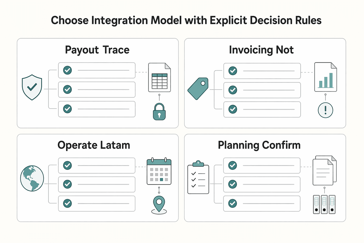Diagram showing Choose integration model with explicit decision rules for Invoice API Integration for Programmatic Generation on Your Platform.