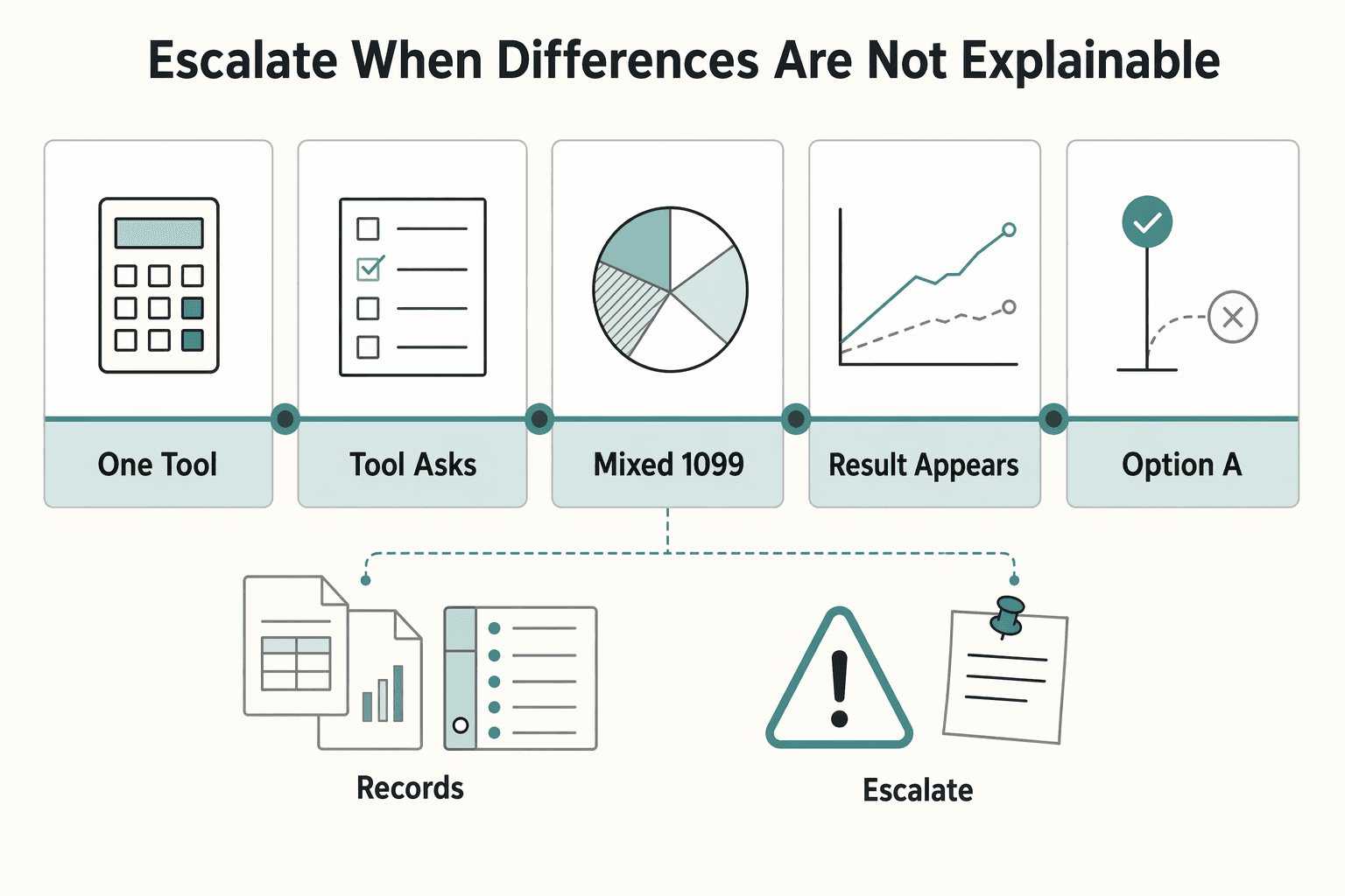 Diagram showing Escalate when differences are not explainable for Quarterly Tax Calculator for Freelancers: Estimate Federal and State Taxes.