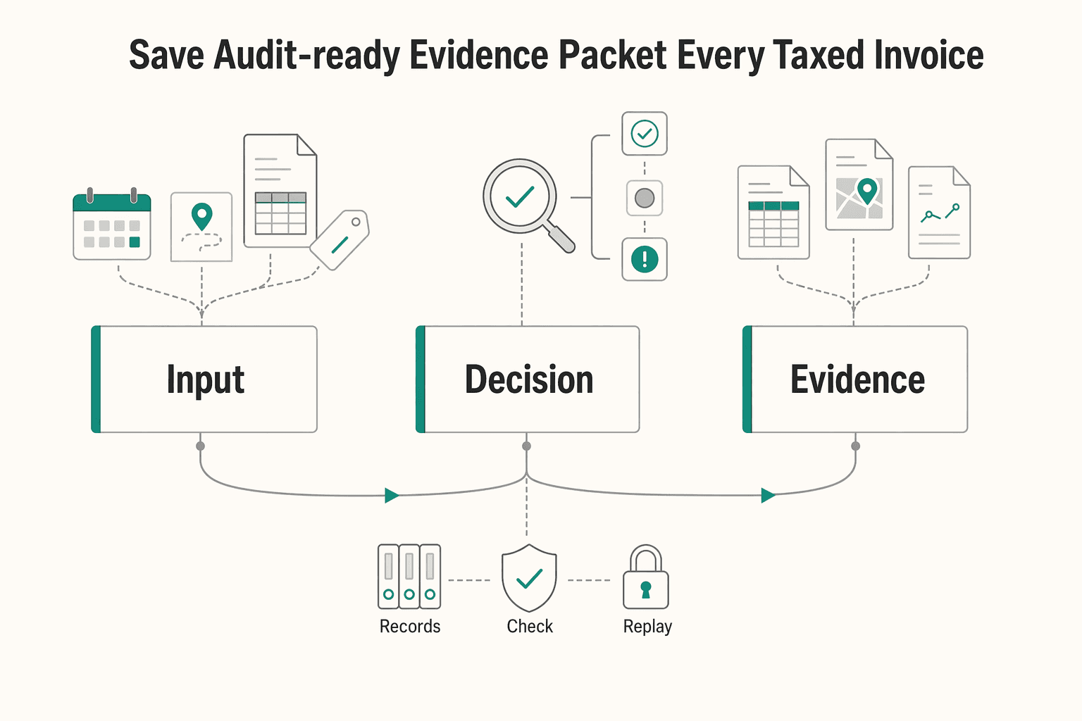 Diagram showing Save an audit-ready evidence packet for every taxed invoice for Sales Tax Calculator by State: Know What to Charge Before You Invoice.