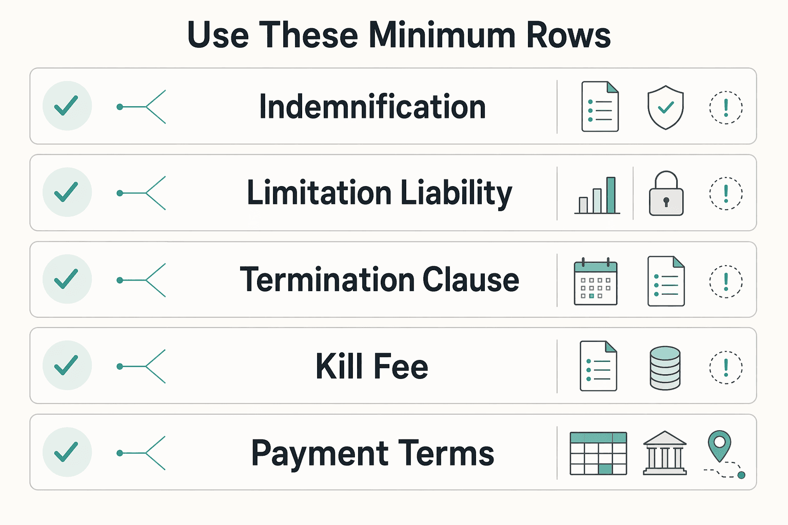 Diagram showing Use these minimum rows for 7 Freelance Contract Negotiation Clauses to Redline Before You Sign.