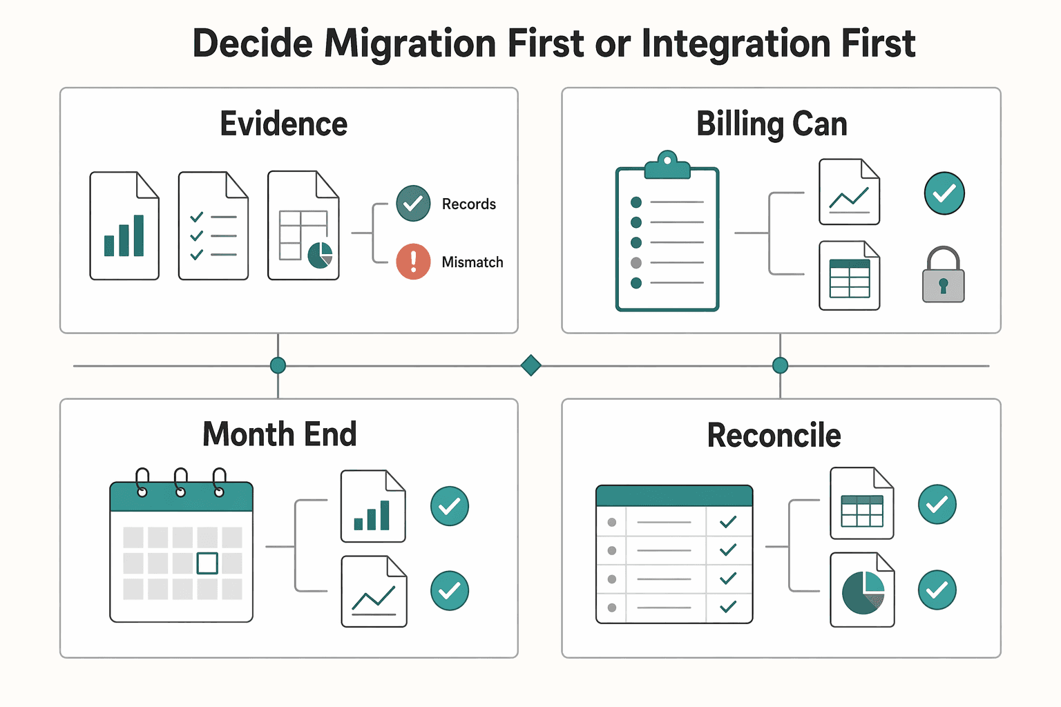 Diagram showing Decide migration first or integration first for Time Tracking Integrations for Invoice Automation with Toggl Harvest and Clockify.