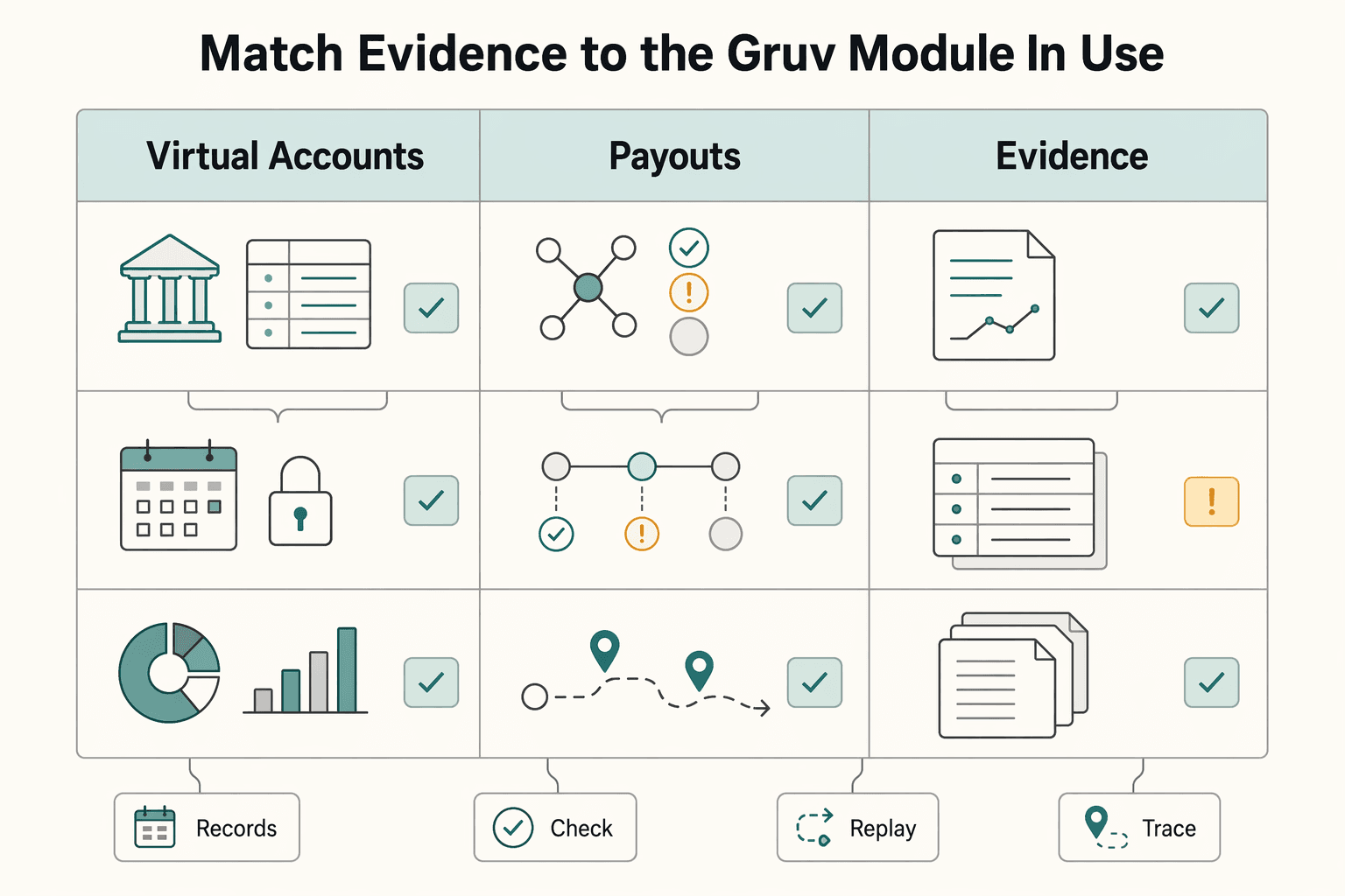 Diagram showing Match evidence to the Gruv module in use for What Metrics Actually Matter for Contractor Productivity Analytics.