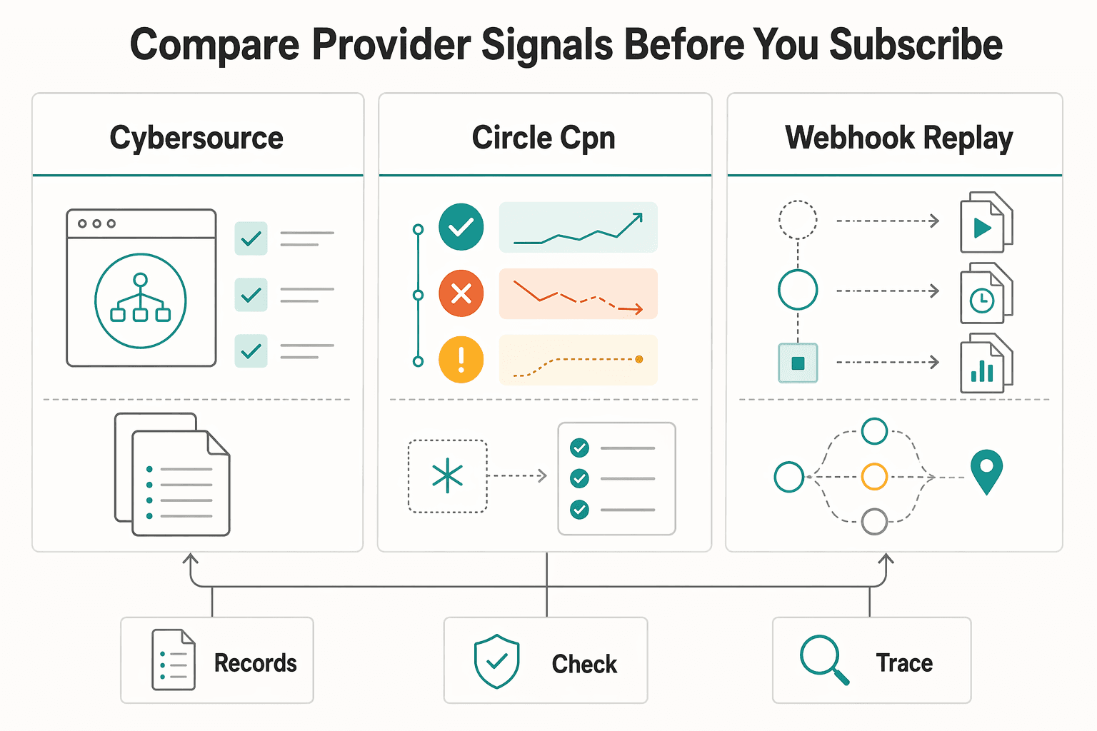 Diagram showing Compare provider signals before you subscribe for Webhook Implementation Guide: Real-Time Payment Notifications.