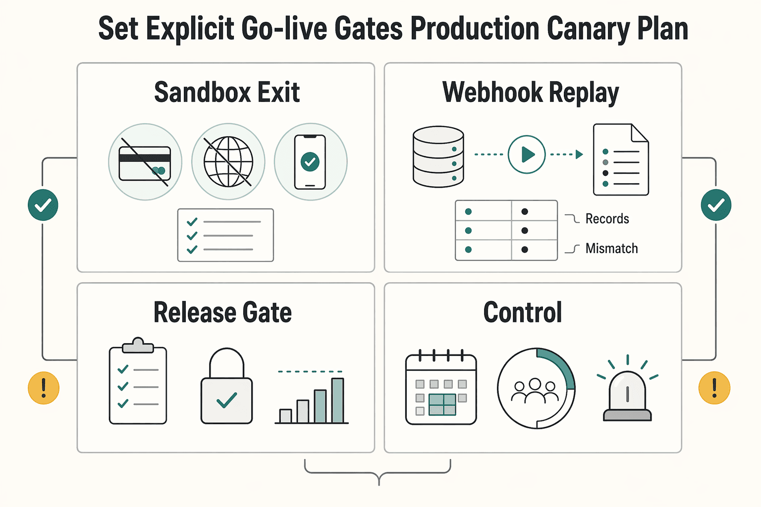 Diagram showing Set explicit go-live gates and a production canary plan for Payment Sandbox Testing Before Go-Live for Engineering Leads.