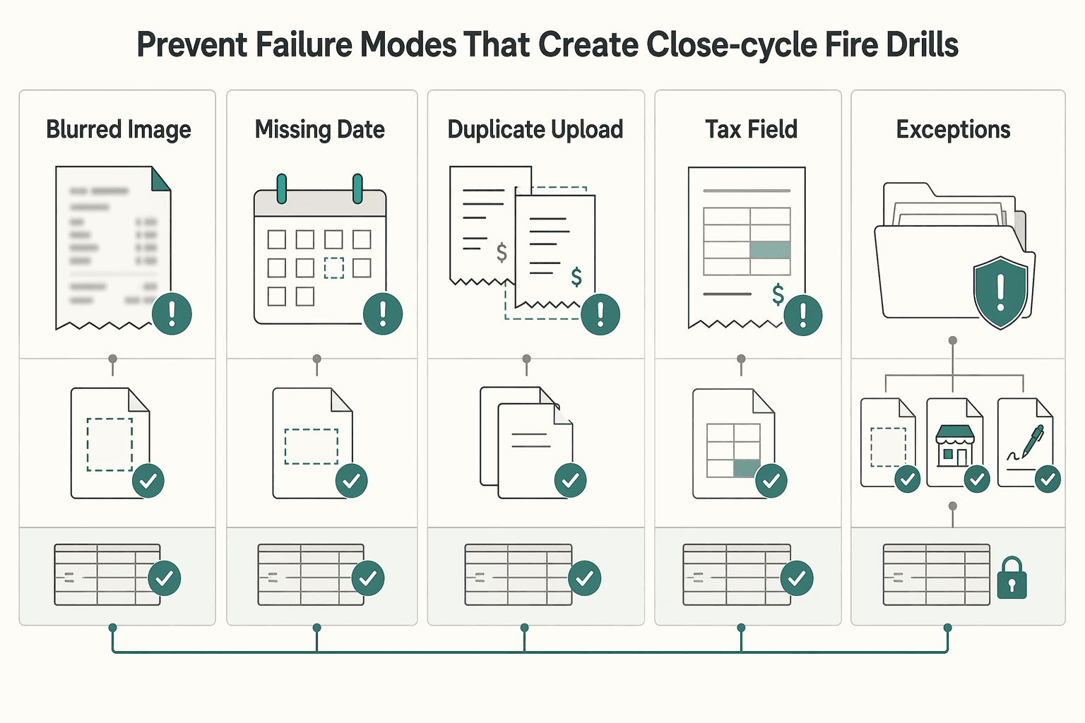 Diagram showing Prevent the failure modes that create close-cycle fire drills for Mobile Expense Tracking Snap Receipts With Audit-Ready Controls.