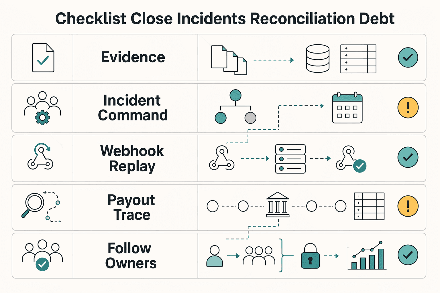Diagram showing Use this checklist to close incidents without reconciliation debt for Incident Response for Payment Platforms During Outages and Data Breaches.