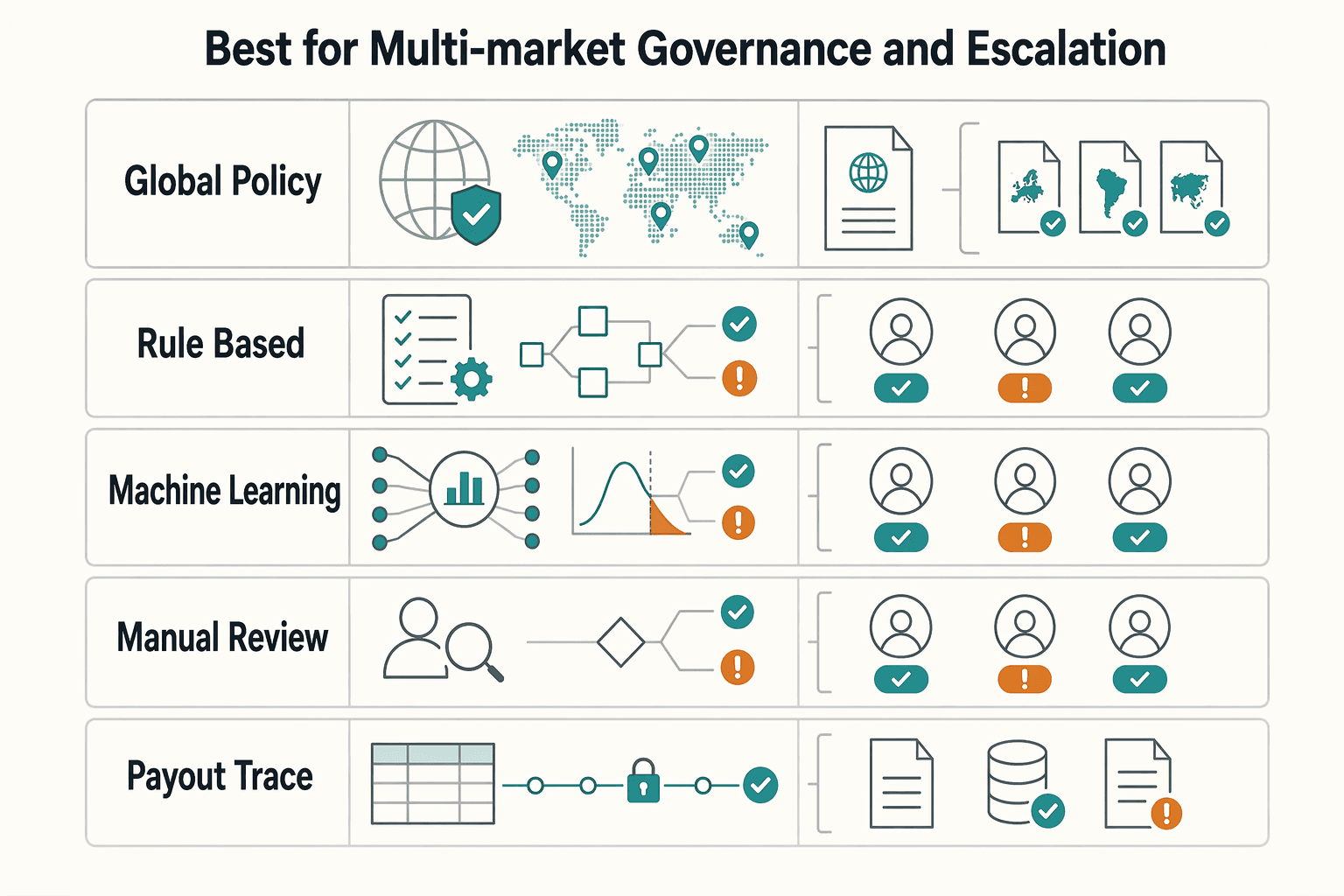 Diagram showing Best for Multi-Market Governance and Escalation for Fraud Detection on Payment Platforms with Rules and Machine Learning.