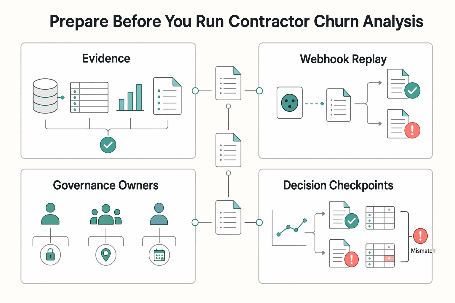 Diagram showing What to prepare before you run contractor churn analysis for Why Freelancers Leave Platforms and How to Fix Contractor Churn.