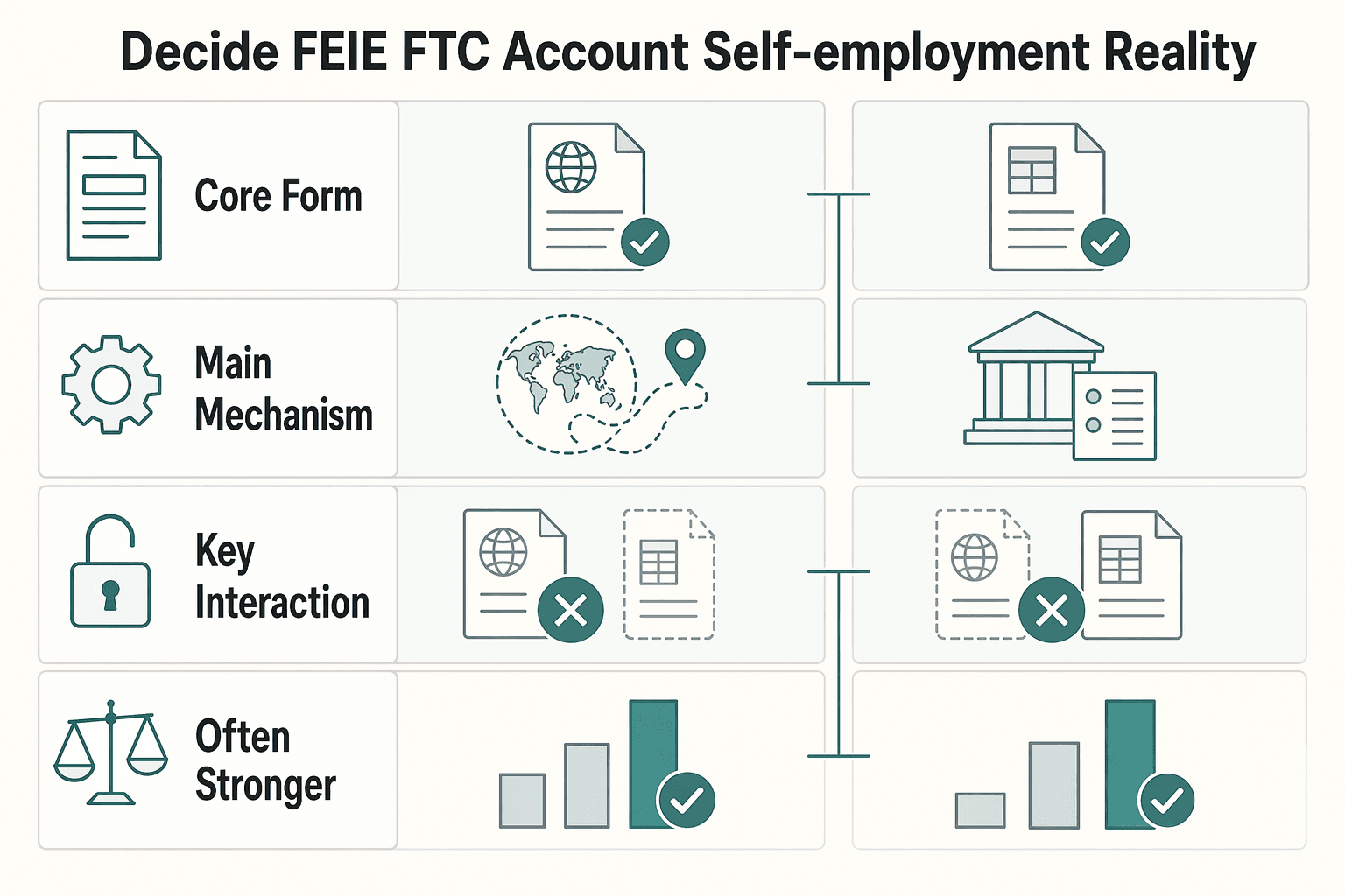 Diagram showing Decide FEIE vs FTC and Account for Self-Employment Reality for Qualifying for the FEIE with Physical Presence or Bona Fide Residence.