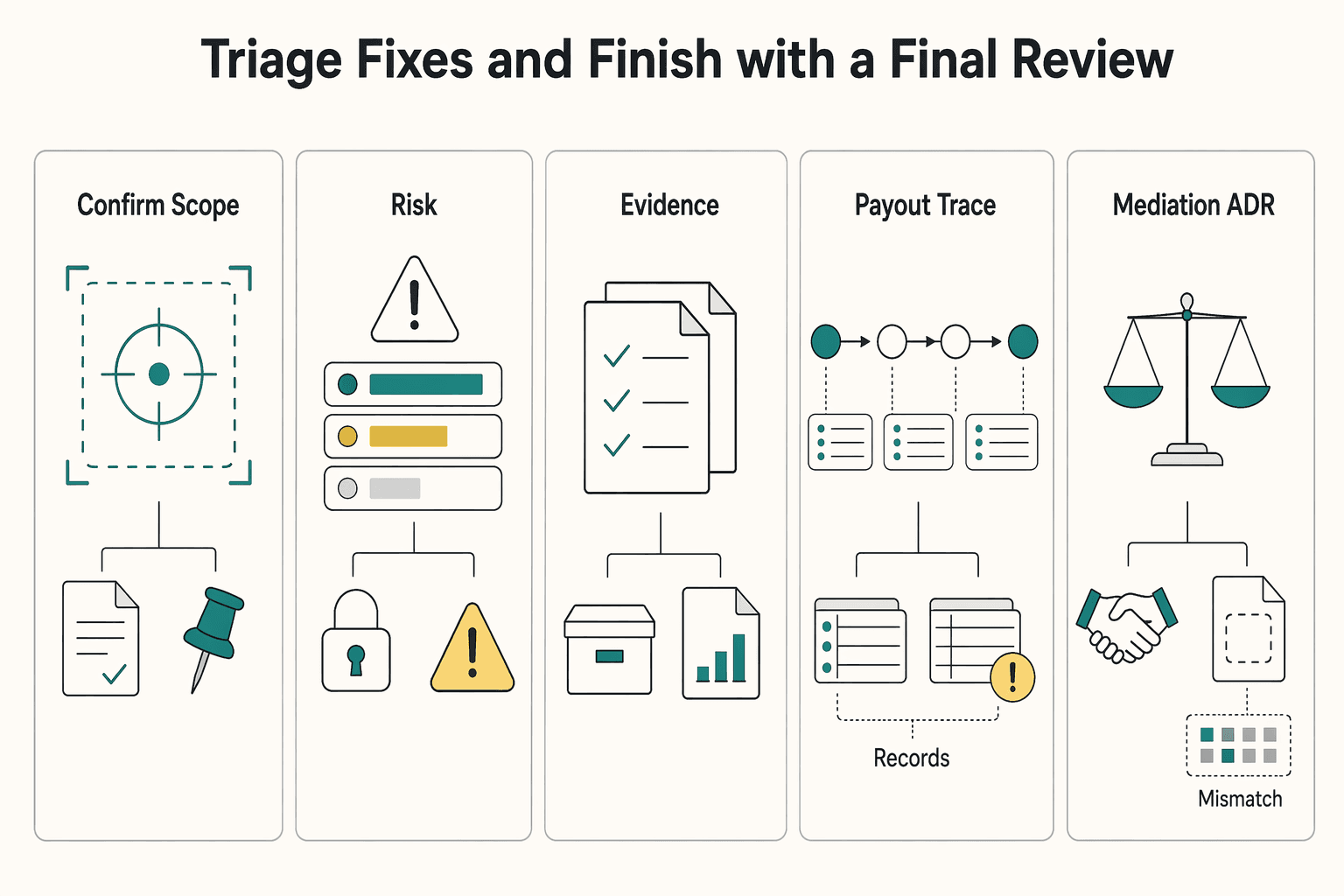 Diagram showing Triage fixes and finish with a final review for Responding to a Regulatory Audit as a Payment Platform.