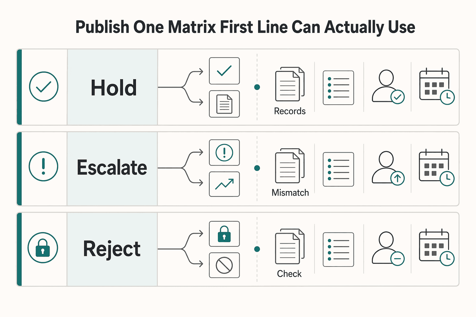 Diagram showing Publish one matrix your first line can actually use for How to Handle Sanctions Screening for Payments to High-Risk Countries.