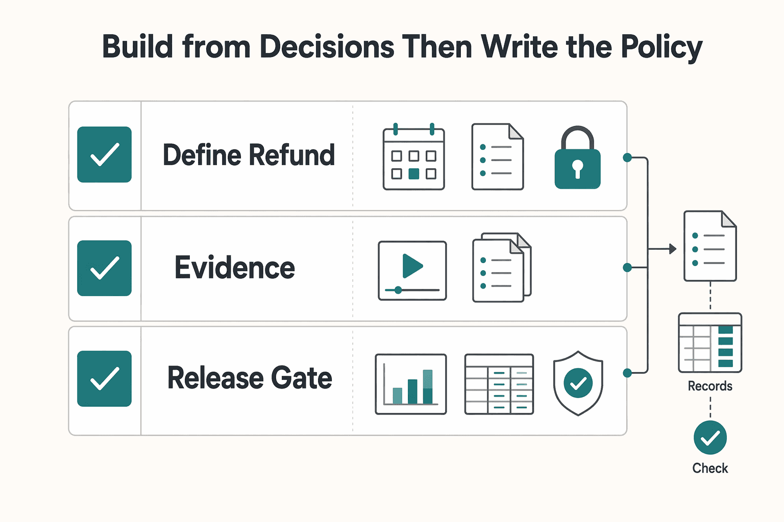 Diagram showing Build from decisions, then write the policy for Refund Policies for Service Businesses That Protect Margins and Trust.