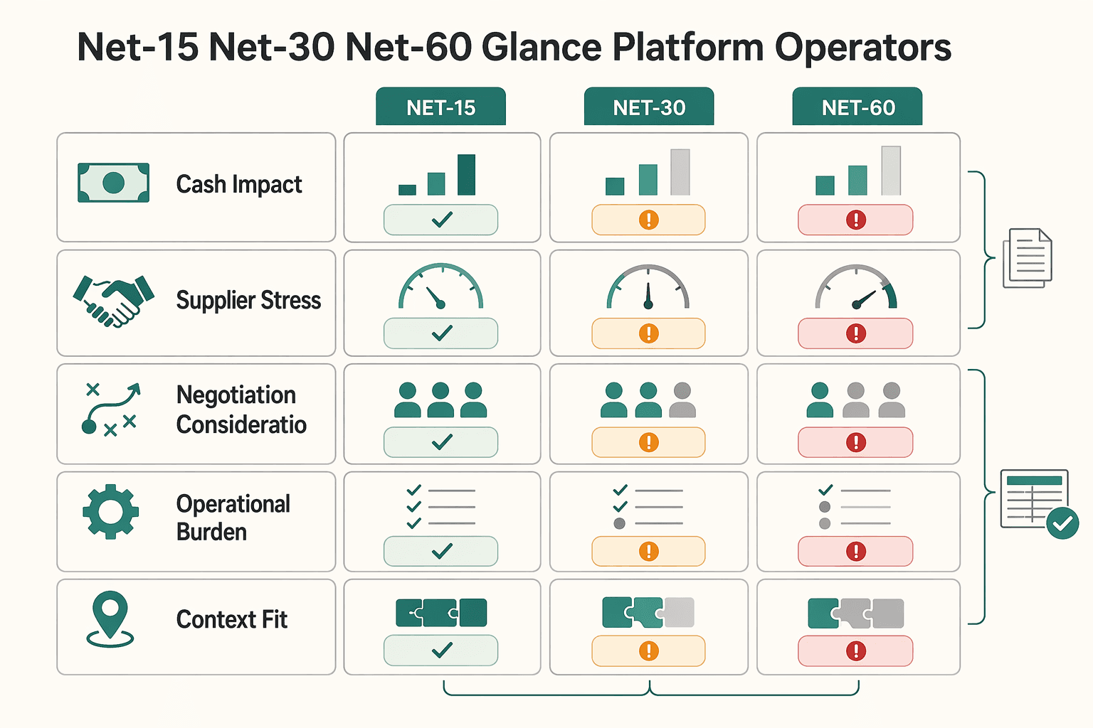 Diagram showing Net-15 Net-30 Net-60 at a glance for platform operators for When Platform Teams Should Demand Net-15, Net-30, or Net-60.