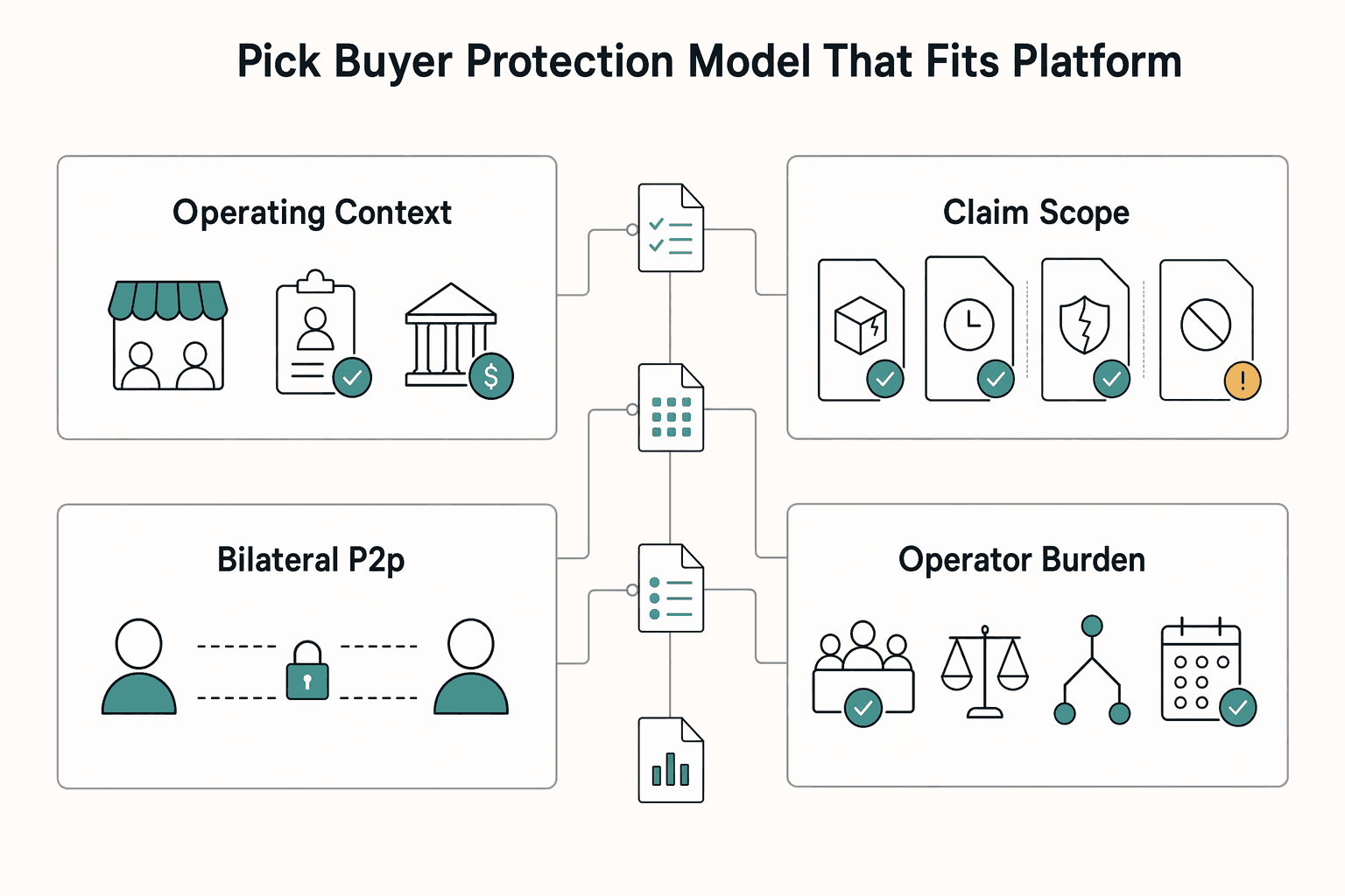 Diagram showing How to pick a buyer protection model that fits your platform for Payment Guarantees and Buyer Protection for Platform Operators.