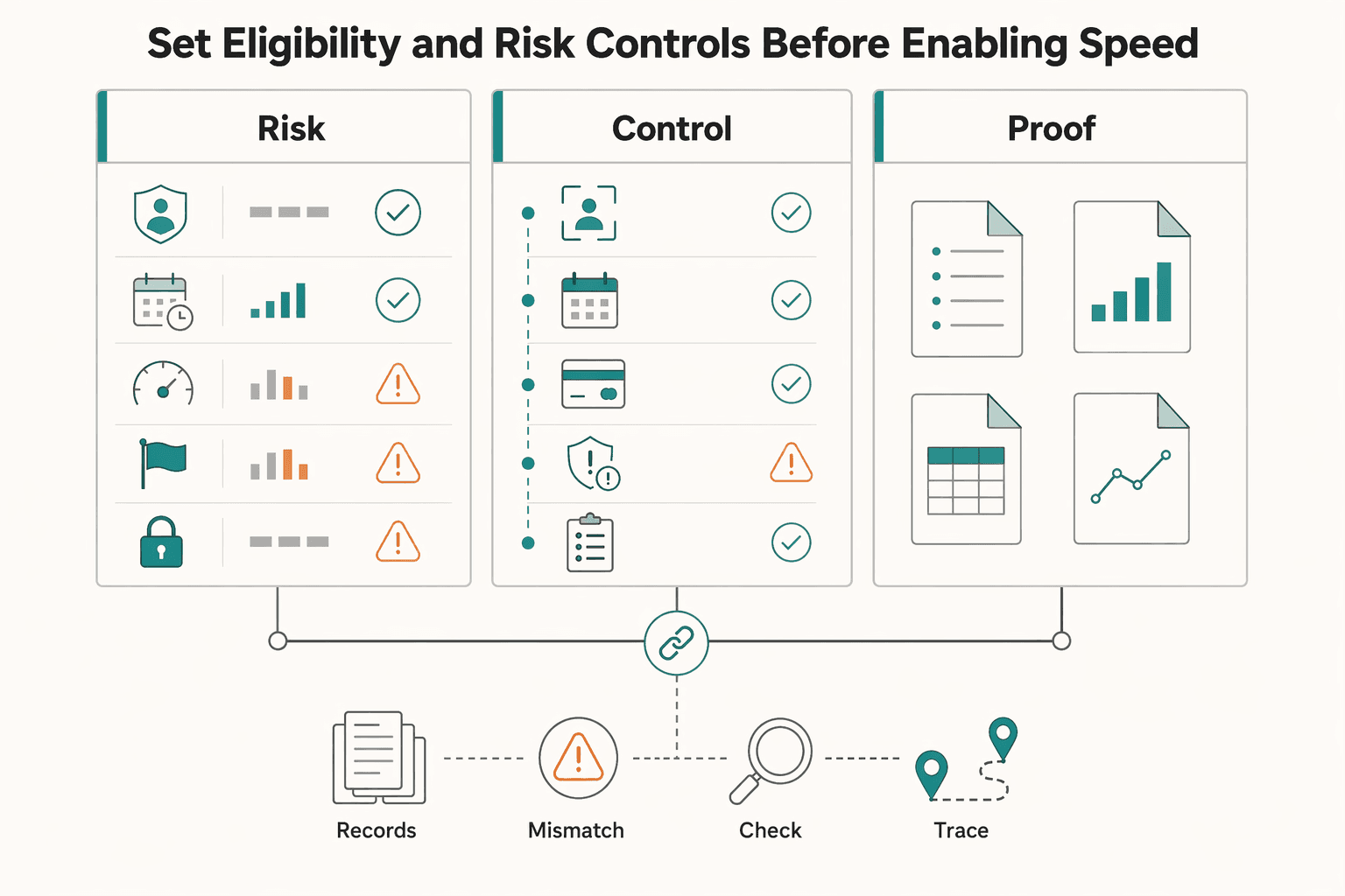 Diagram showing Set eligibility and risk controls before enabling speed for Embed Financing Options in Your Marketplace with Instant Payout Economics.