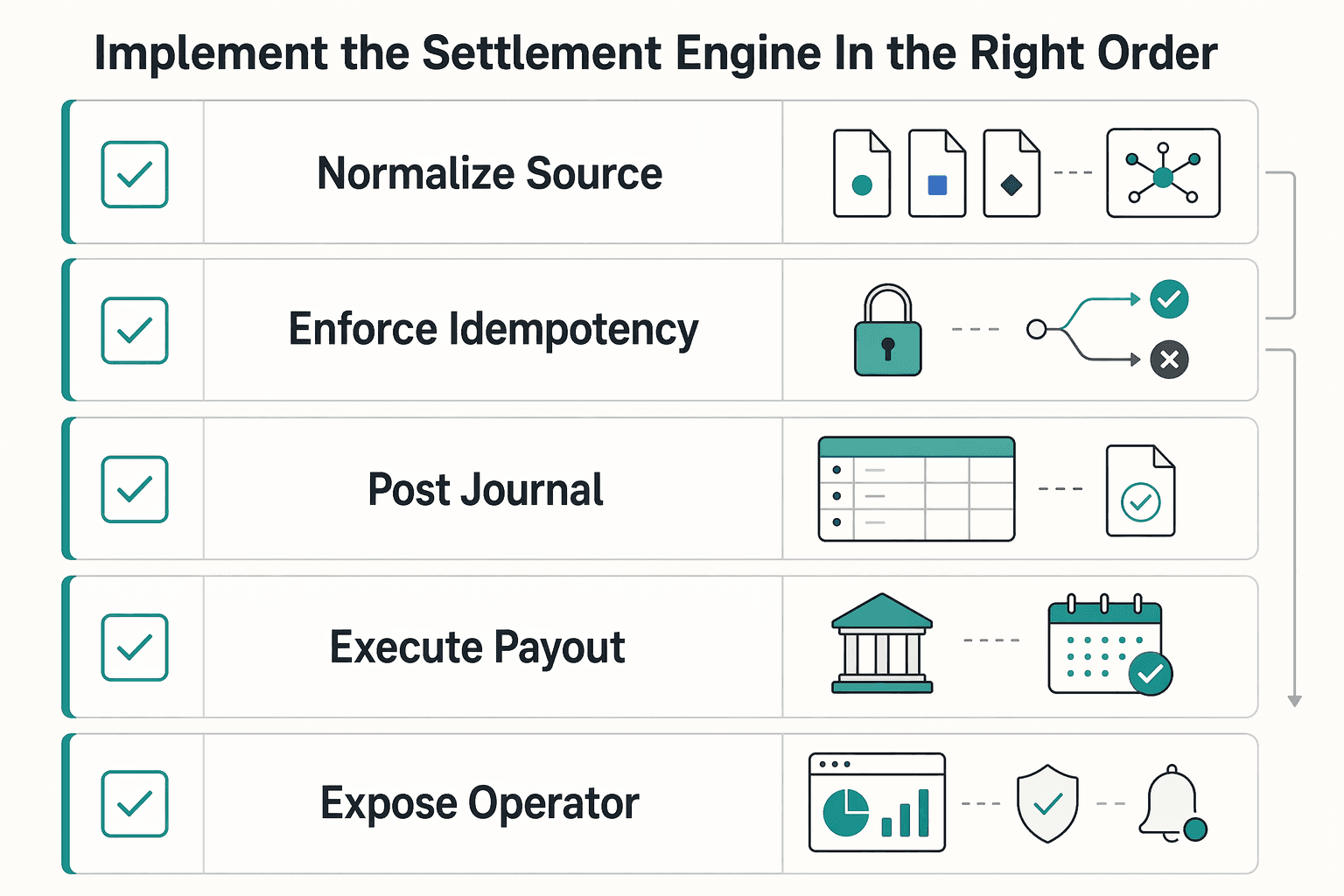 Diagram showing Implement the settlement engine in the right order for Automating DSP and SSP Settlements for Programmatic Advertising Payouts.