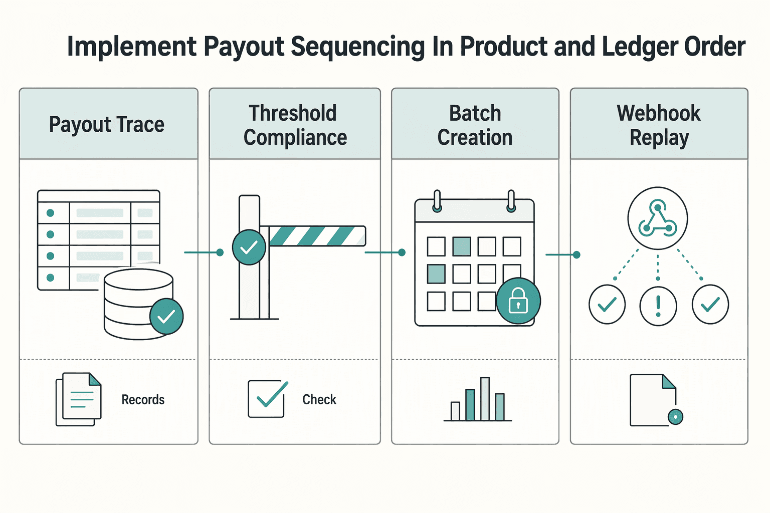 Diagram showing Implement payout sequencing in product and ledger order for Set Publisher Payment Thresholds Without Delaying Recipient Payouts.